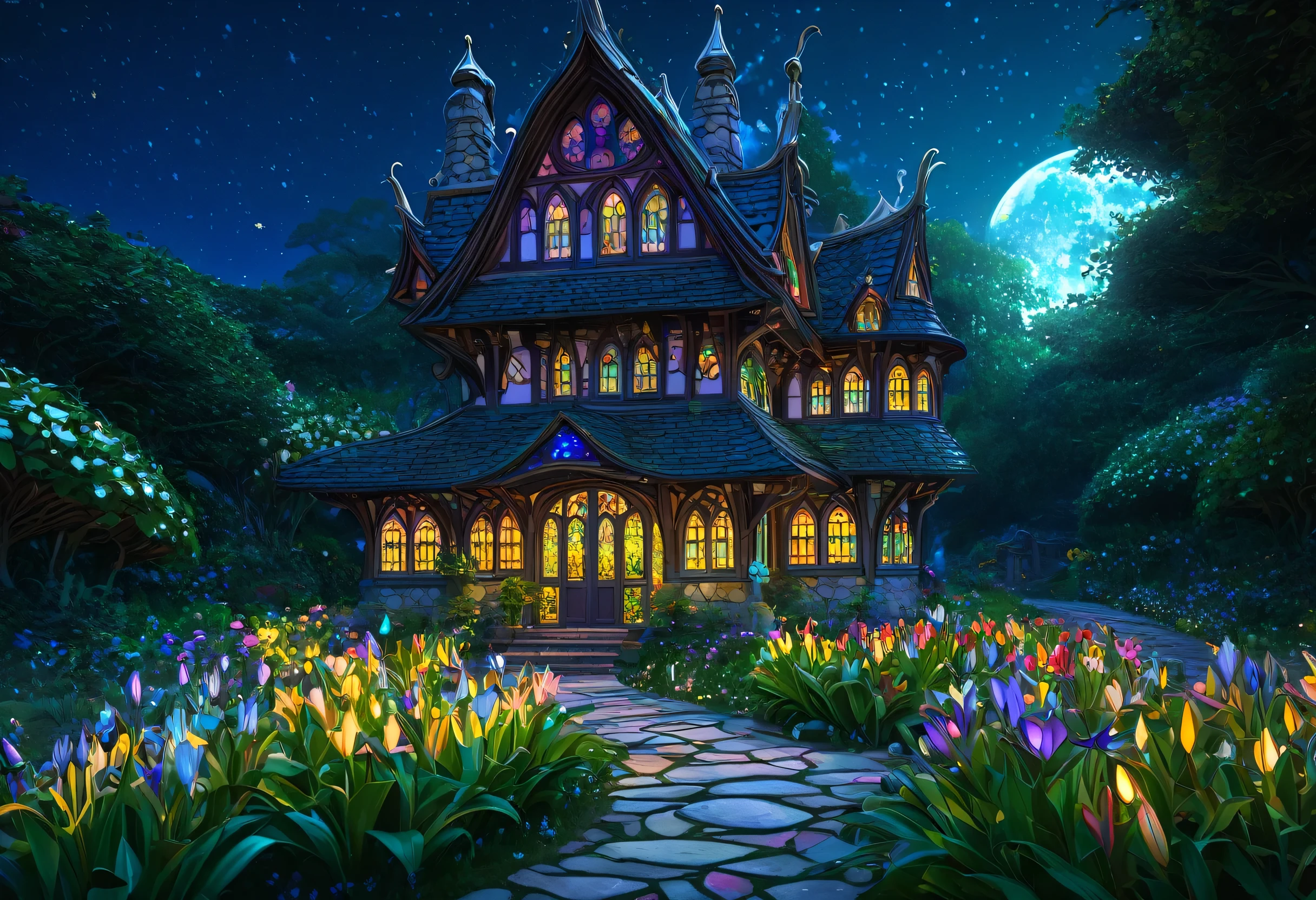 A house with a garden and a path is in front of you, night、Lilies and colorful flowers line both sides of the road.、Fairy House、The stained glass windows are illuminated、Concept Art:Arthur Pang, Polycount Contest Winners, Fantasy art, Highly detailed digital art in 4K, Beautiful depiction of a fairy tale, fantasy house, magic Fantasy Highly detailed, Beautifully detailed fantasy, Fantasy Highly detailed, Detailed fantasy digital art, 4K Detailed Digital Art, whimsical fantasy landscape art