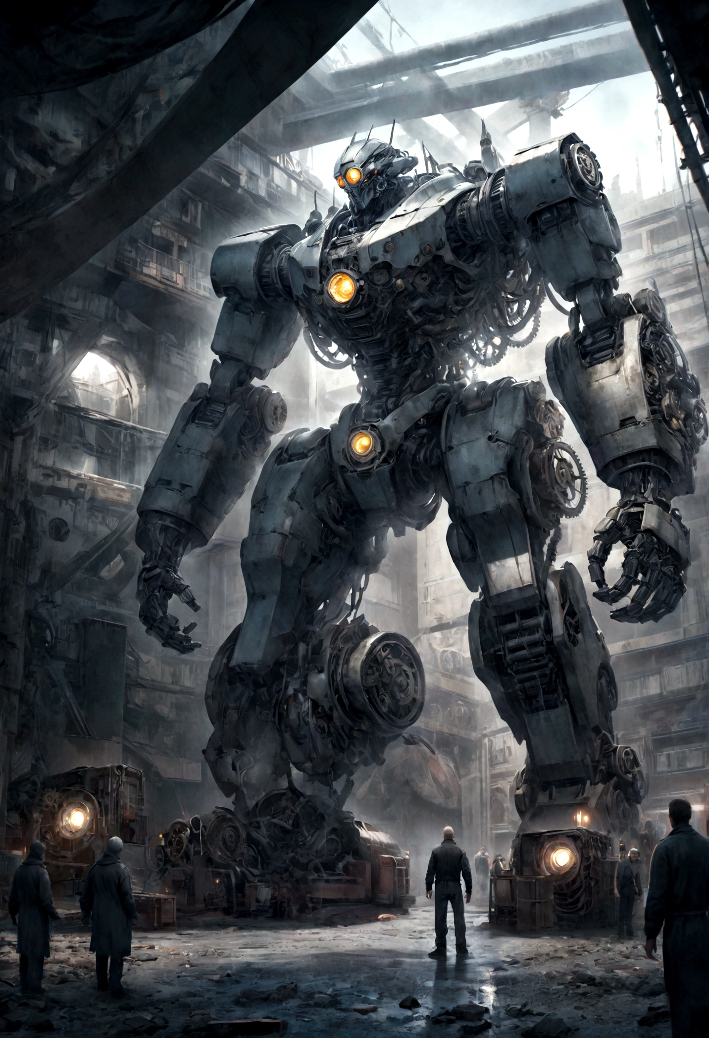 a giant robot, extremely detailed, intricate machinery, gears and pistons, metallic body, glowing eyes, powerful stance, futuristic sci-fi setting, dramatic lighting, cinematic composition, advanced technology, intricate details, hyper-realistic, 8k, photorealistic, award winning digital art