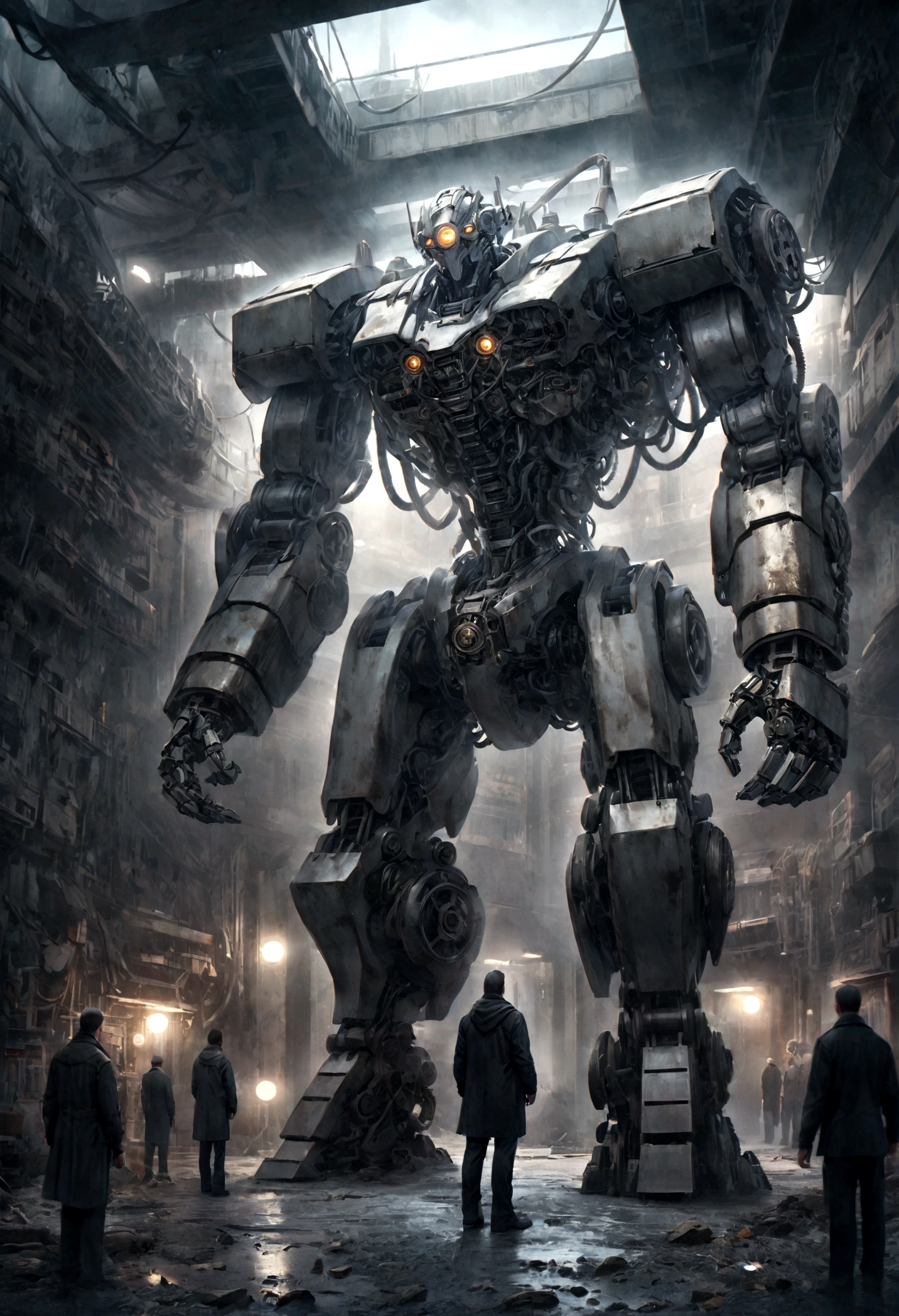 a giant robot, extremely detailed, intricate machinery, gears and pistons, metallic body, glowing eyes, powerful stance, futuristic sci-fi setting, dramatic lighting, cinematic composition, advanced technology, intricate details, hyper-realistic, 8k, photorealistic, award winning digital art