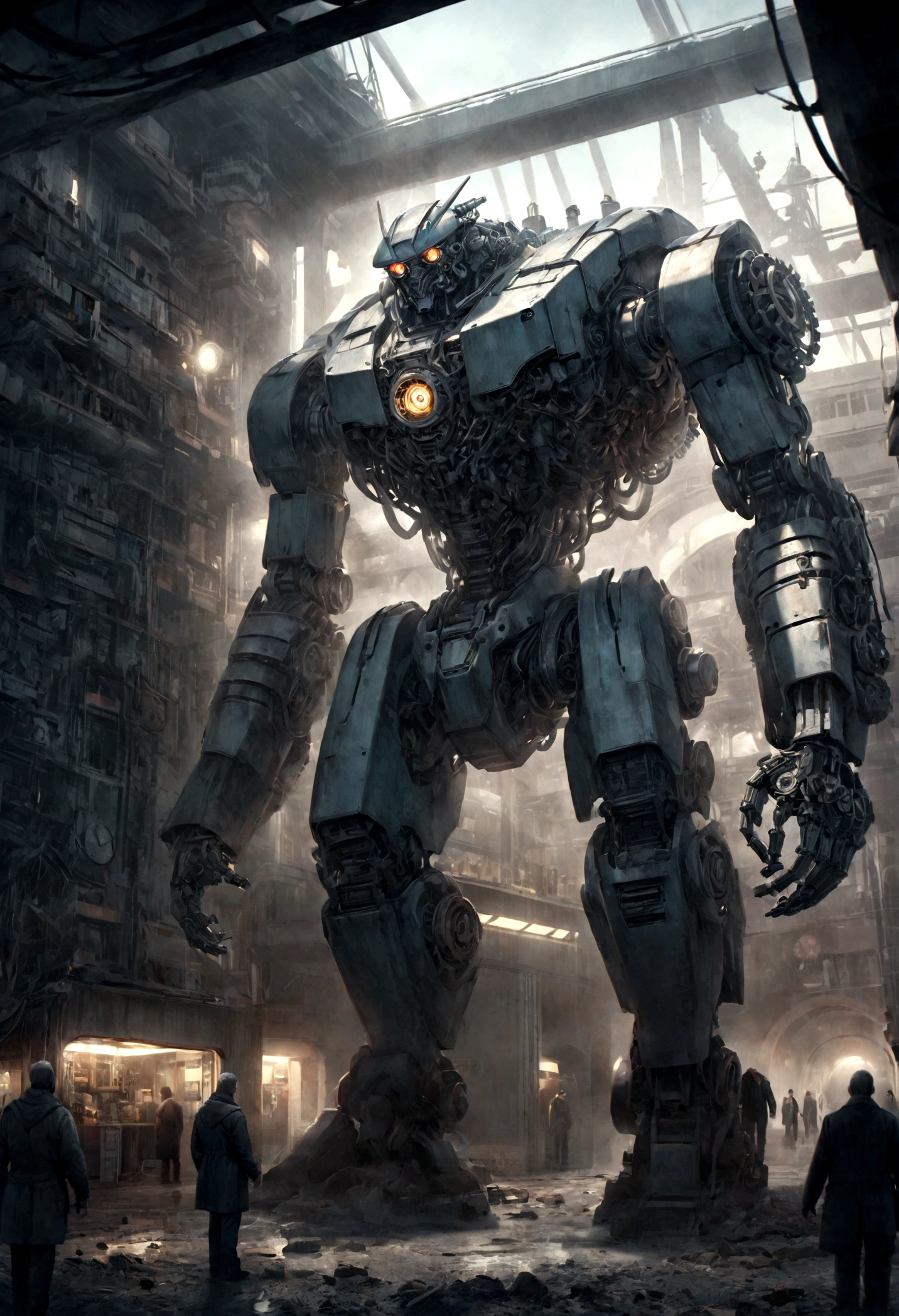 a giant robot, extremely detailed, intricate machinery, gears and pistons, metallic body, glowing eyes, powerful stance, futuristic sci-fi setting, dramatic lighting, cinematic composition, advanced technology, intricate details, hyper-realistic, 8k, photorealistic, award winning digital art