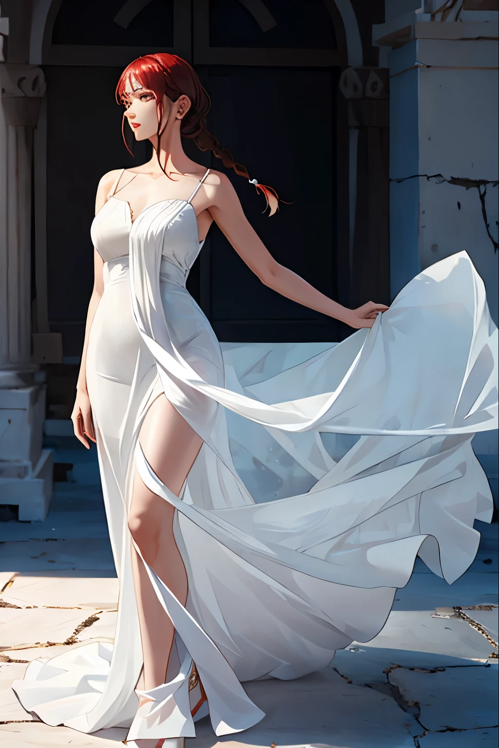 Makima, Chainsaw Man, Greek-style dress, white dress, elegant, powerful, flowing dress, draping beautifully