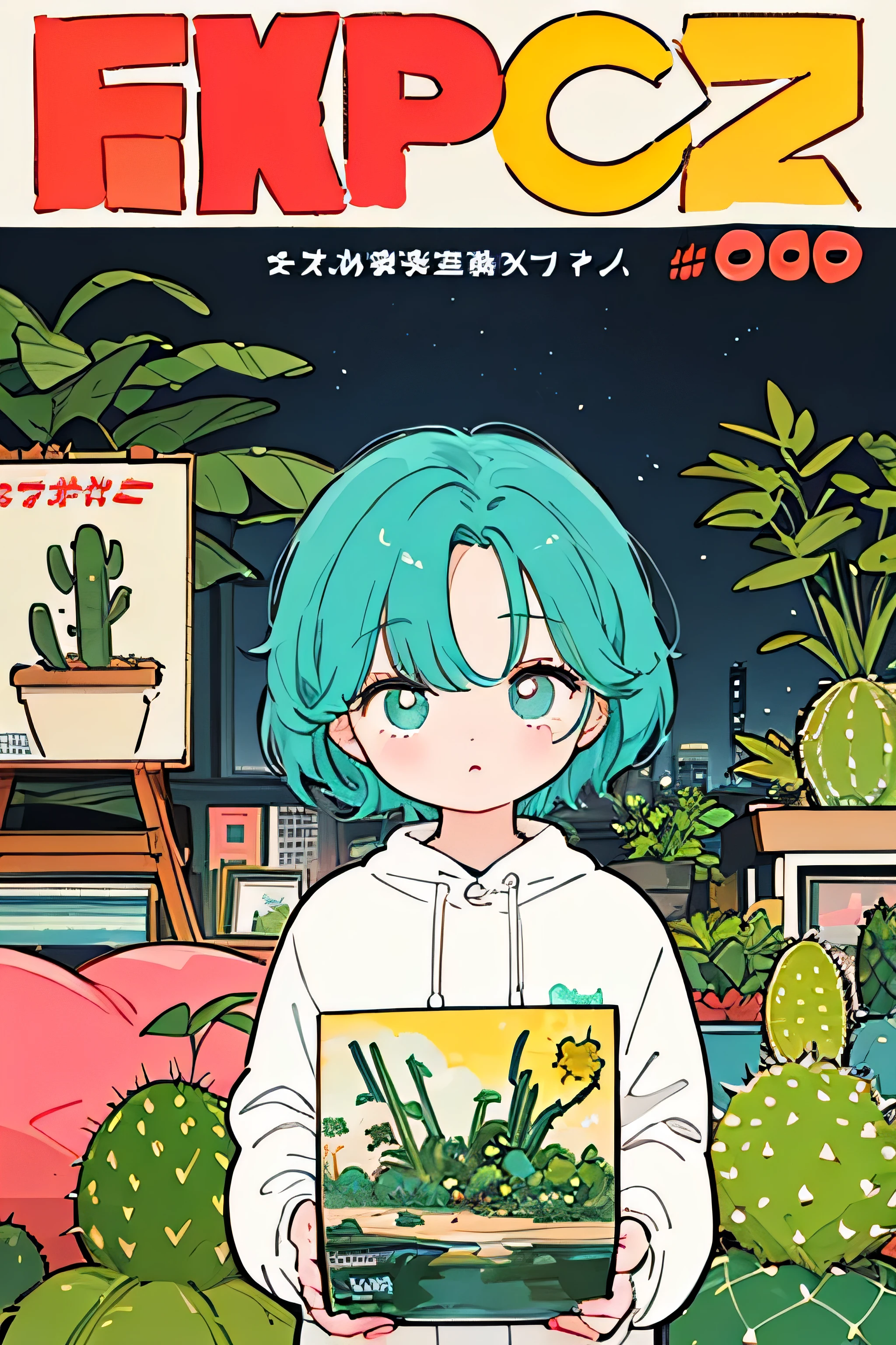 volumetric lights、fashionable cute girl、citypop、pastel colour、Cel painting、OVA、Watercolor Texture、(((dramatic))), (((gritty))), (((intense)))), Bog city, ocean, wet hunt, bomb, The movie poster features \(Masterpiece, Best Quality), 8k Wallpaper, highly detailed, poster, vintage, 2000s, Bauhaus, cinematic movie poster, shapes, lines, abstract, propaganda, mid century modern, movie poster, The color palette is dominated by dark colors, dotted with bright colors, giving the poster a dynamic and visual impact, (magazine:1.3), (cover-style:1.3), fashionable, vibrant, outfit, posing, front, colorful, dynamic, background, element, confident, expressive, holding, statement, attachment, majestic, coiled, around, touch, scene, cover, bold, eye-catching, fashion, catchy, bigger, eye-catching, modern, trendy, focused, stylish, no text、Terrarium、Foliage plant、cactus、cactus、cactus、cactus、cactus、