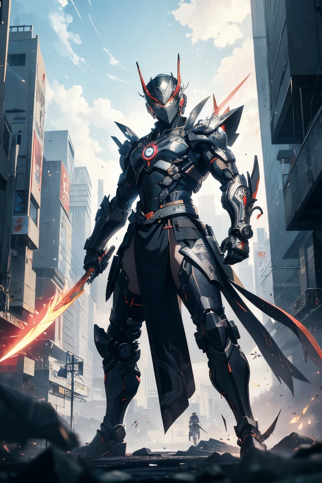 A captivating anime illustration showcases a cybernetic warrior, skillfully poised in a traditional samurai stance, gripping the edge of his high-tech sword with both hands. The image is vibrant and glossy, bursting with a comic-book quality that adds to the overall allure. The warrior's sleek, metallic armor shines radiantly, giving off a slight hum as energy pulses through the intricate design. With an anime style that exudes both power and grace, this masterpiece is sure to be a standout in the world of cyberpunk art.
((A cyborg warrior in a samurai stance, holding a futuristic sword)
