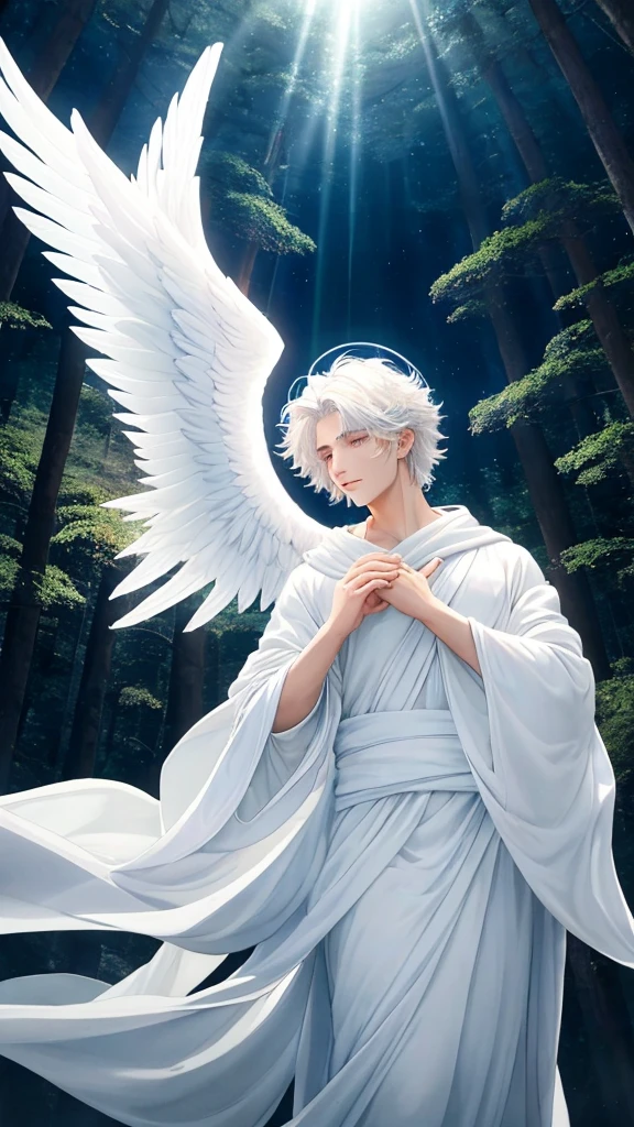 a male angel, celestial features, pure serene expression, descending from heavens, enveloped in divine light, radiating dispels surrounding darkness, large majestic white wings, reflect purity of essence, dressed in white sanctified robes, contrast dense darkness of forest below, illuminating scene with heavenly presence, delicate facial features, radiant shine of wings, transcendental beauty, serenity