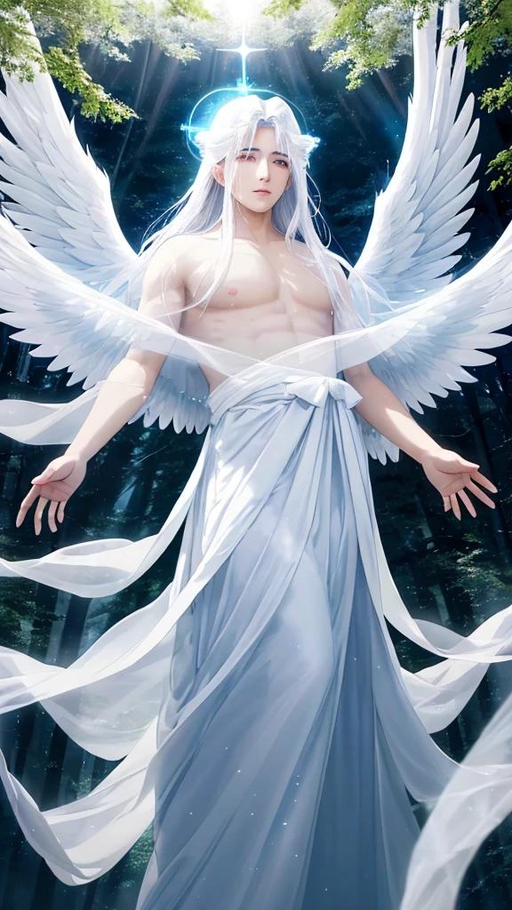 a male angel, celestial features, pure serene expression, descending from heavens, enveloped in divine light, radiating dispels surrounding darkness, large majestic white wings, reflect purity of essence, dressed in white sanctified robes, contrast dense darkness of forest below, illuminating scene with heavenly presence, delicate facial features, radiant shine of wings, transcendental beauty, serenity