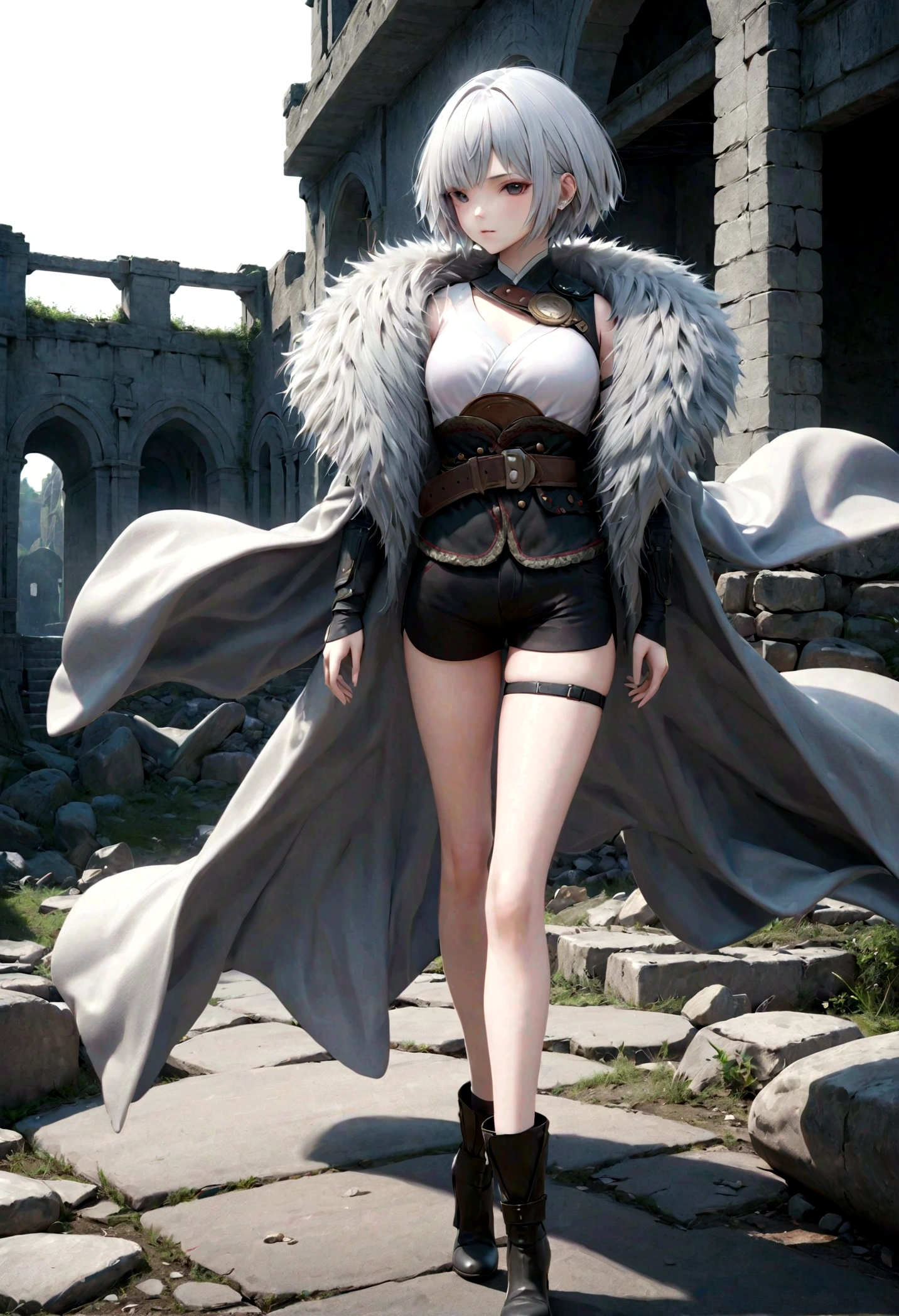 baiyuekui,solo,full body,gray fur cape,single thighhigh,thigh strap,asymmetrical legwear,black shorts,boots,black footwear,belt,high heels,
outdoors,War ruins,
white hair,short hair,
(masterpiece,best quality,ultra_detailed,highres,absurdres:1.2),(photorealistic:1.4),