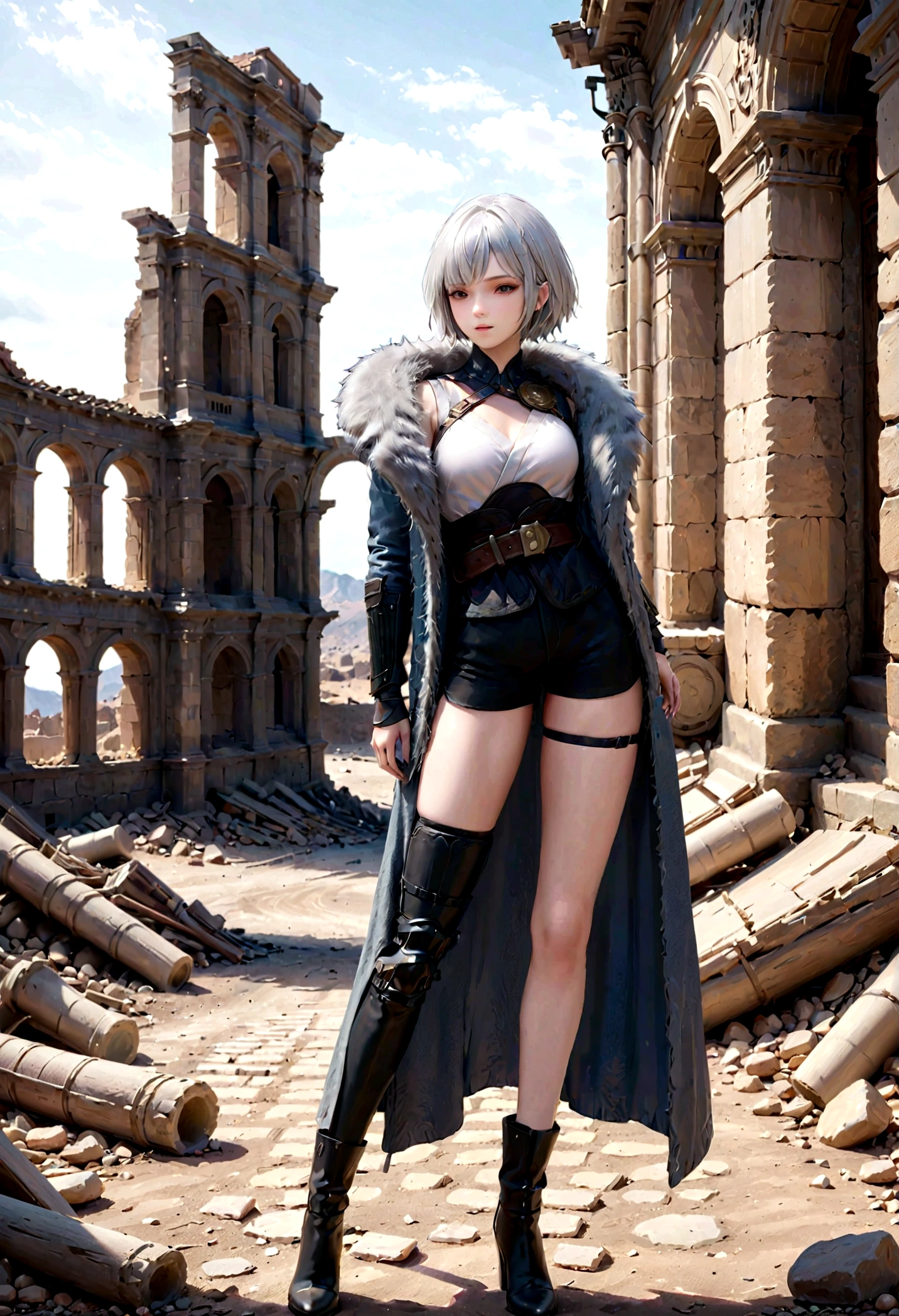 baiyuekui,solo,full body,gray fur cape,single thighhigh,thigh strap,asymmetrical legwear,black shorts,boots,black footwear,belt,high heels,
outdoors,War ruins,
white hair,short hair,
(masterpiece,best quality,ultra_detailed,highres,absurdres:1.2),(photorealistic:1.4),