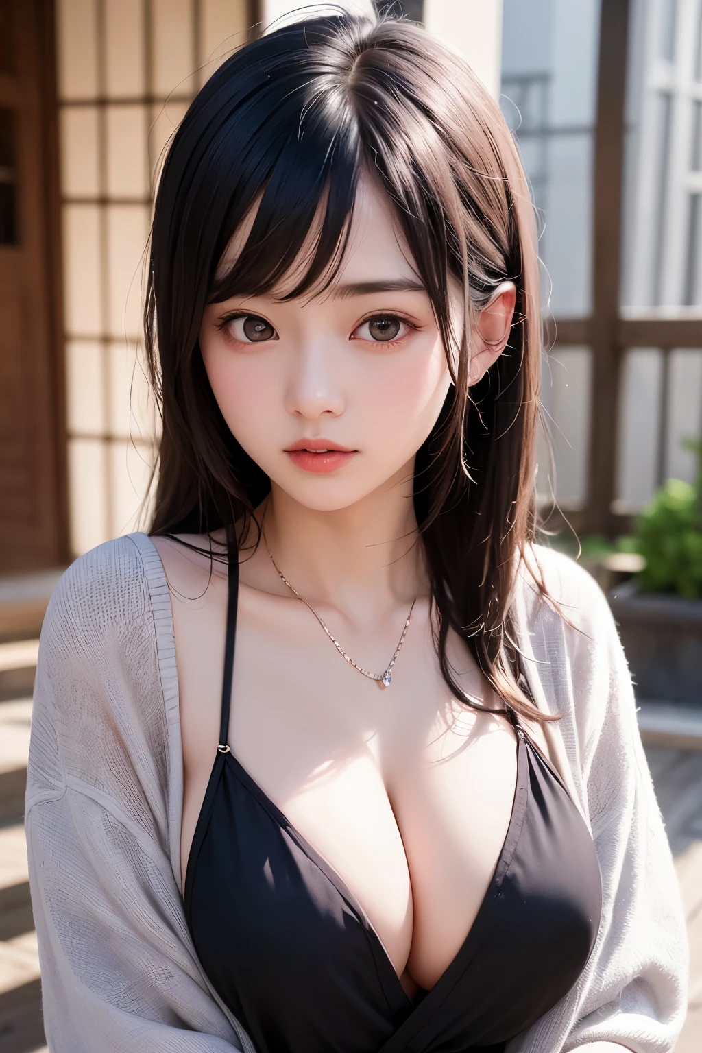 (1 nogizaka girl,raw photo,photo realistic:1.5),(best quality, high quality,HDR, highest quality,ultra high resolution,high resolution,high res,ultra high difinition,huge file size,8K,2K wallpaper,8K wallpaper,high quality texture,amazing,an extremely delicate:1.4),one girl, Japanese famous idol,beautiful face,small face,absurd,ridiculous,incredibly ridiculous,blurry background,(cleavage,no makeup:1.2),medium skin,beautiful skin,detailed skin,black hair,silky hair,(Japanese eyes:1.3),detailed eyes,black eyes,Japanese idol eyes,triangle eyes,Japanese nose,5-fingers,(Light Particles, Lens Flare, Luminous Particles: 0.7),looking at viewer,bright lighting,professional lighting,girl