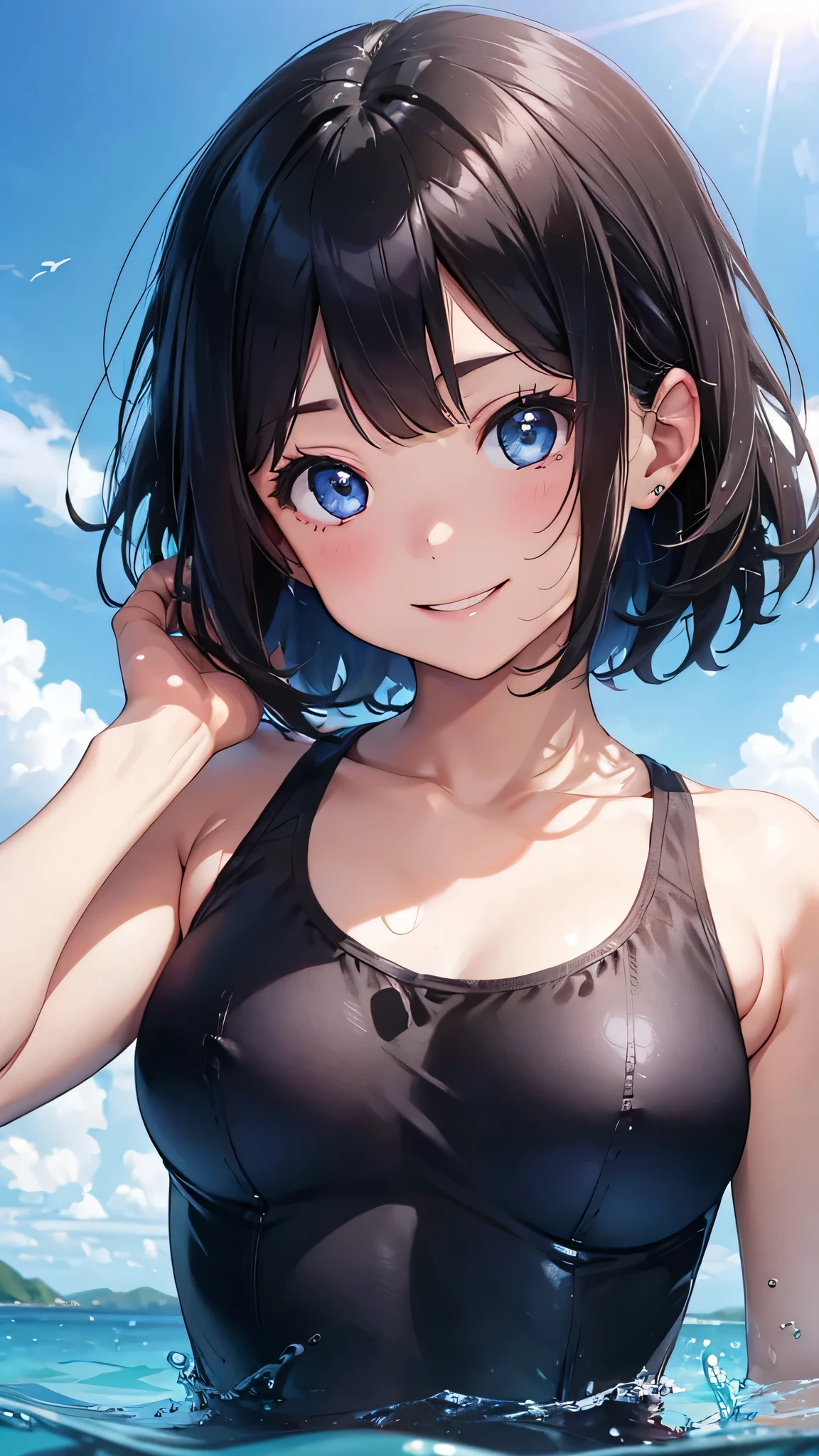 highest quality、Realistic、Women、zoom、summer、Sea of night、cute、Full make-up、Blue Eyes、black hair、Very Short Hair、One piece swimsuit、smile、Looking down、smile、Bust Shot、　Small breasts