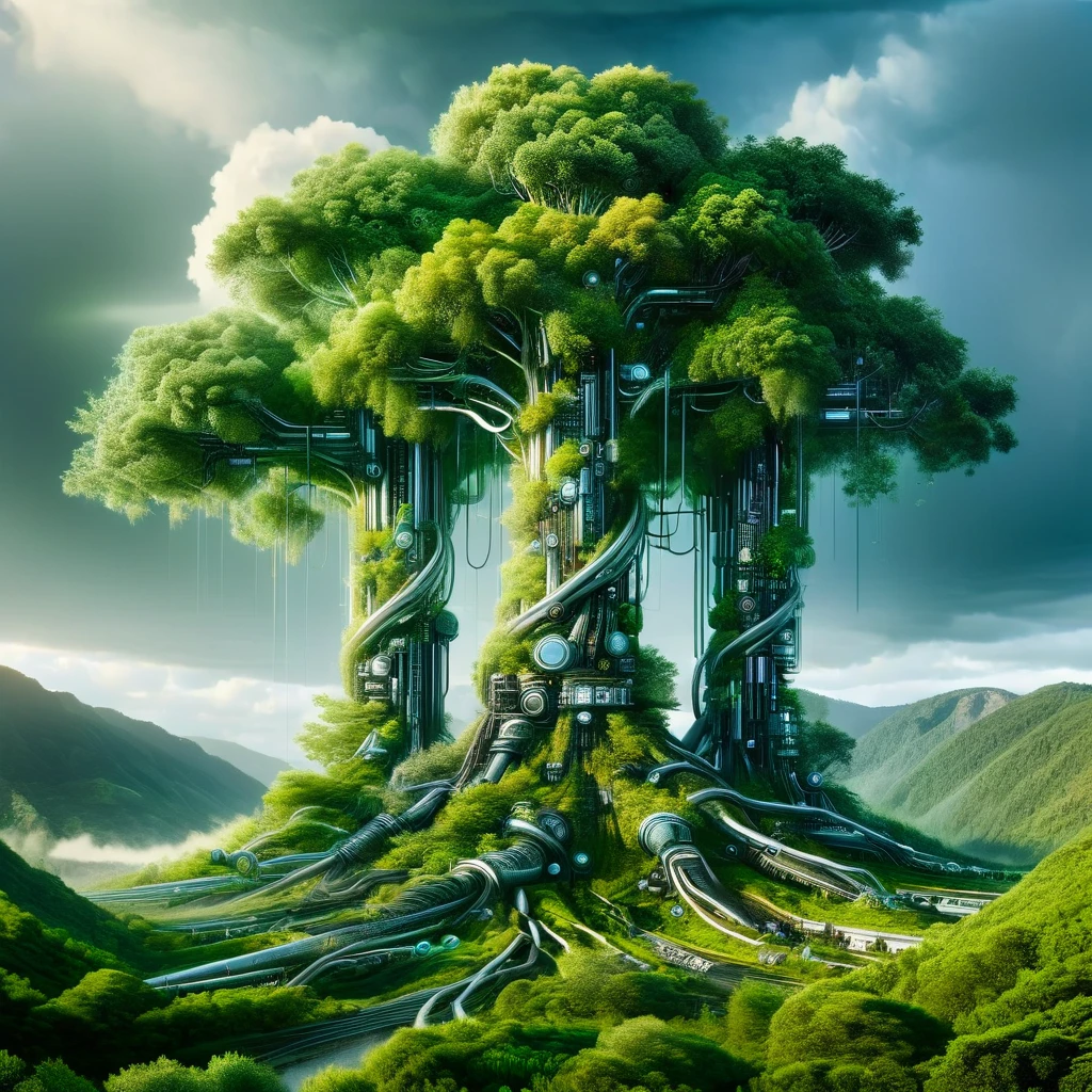 Creating a dramatic landscape，Data storm clouds gather on the convergence of giant silicon trees and organic valleys, Portraying the powerful synergy between nature and technology.
