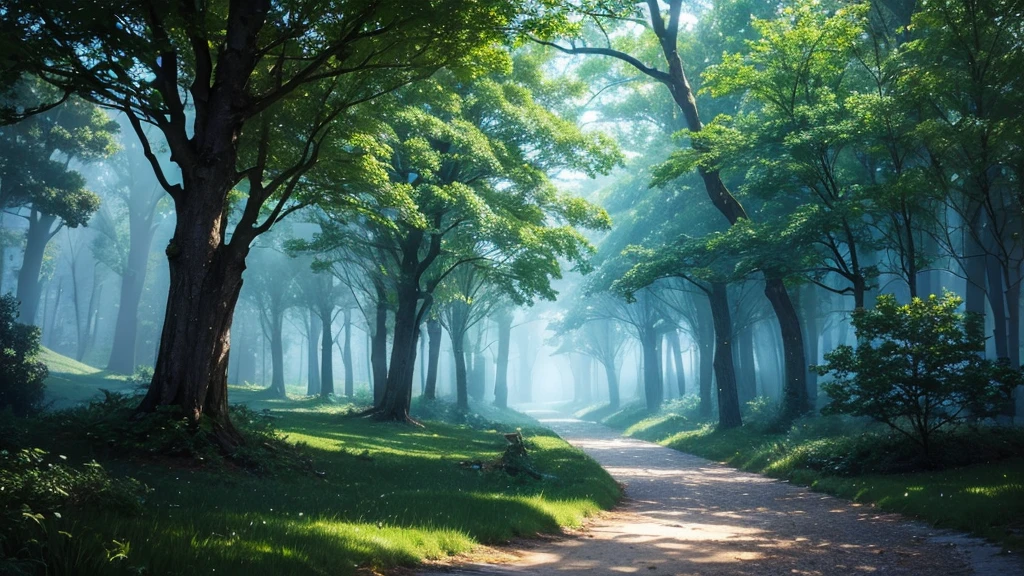 (Masterpiece, Best Quality, High Resolution: 1.2) A magical forest with glowing trees and sparkling lights, a small path leading to a mystical land.