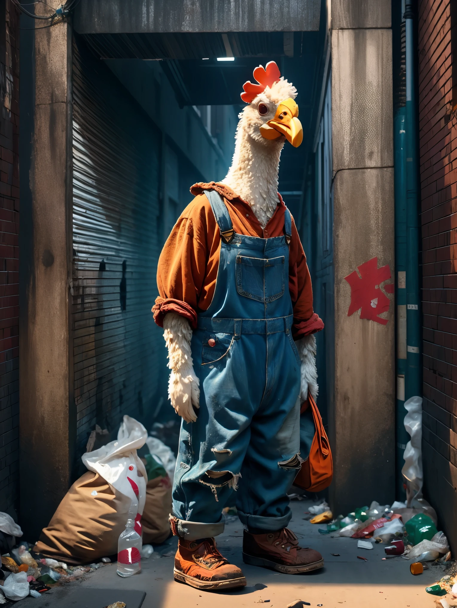 A very pitiful anthropomorphic chicken image, Wearing an extremely worn orange linen shirt and denim overalls, Worn-out cloth shoes, Carrying an oversized bag, Higher than oneself, Little chicken standing in the city alley, A dark corner of the city，The ground is littered with trash and bottles, This scene retains the original style, But change the background to an urban environment, Reinforce the contrast between the innocence of the characters and the harshness of their urban surroundings, Highlighting the poor conditions of neglected cities