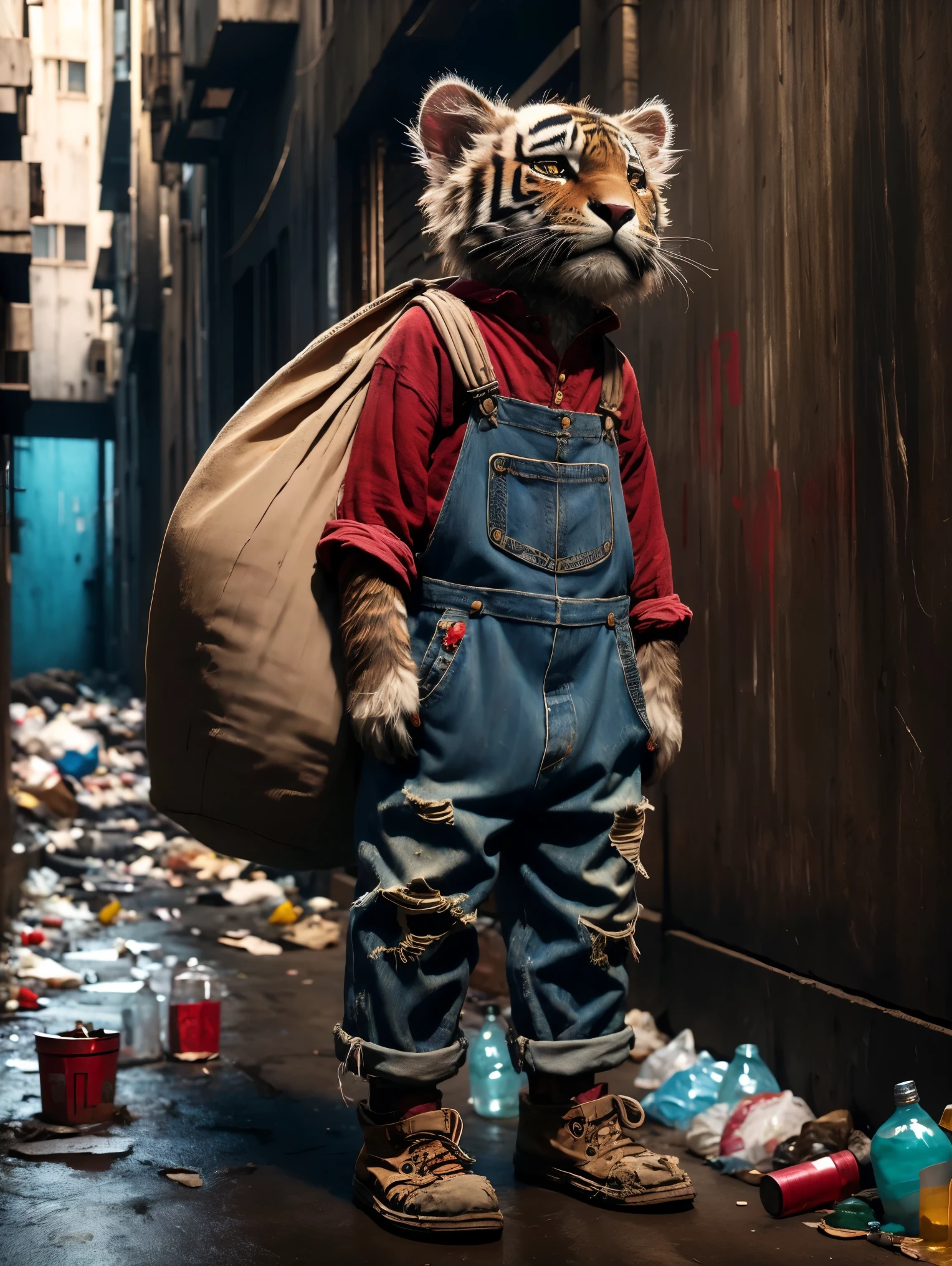 A very pitiful anthropomorphic tiger image, Wearing a very worn grey linen shirt and denim overalls, Worn-out cloth shoes, Carrying an oversized bag, Higher than oneself, Tiger standing in city alley, A dark corner of the city, The ground is littered with trash and bottles, This scene retains the original style, But change the background to an urban environment, Reinforce the contrast between the innocence of the characters and the harshness of their urban surroundings, Highlighting the poor conditions of neglected cities, (chiaroscuro, depth of field, film grain, Surrealism, Conceptual art, UHD, masterpiece, accurate, anatomically correct, super detail, award winning, 8k)