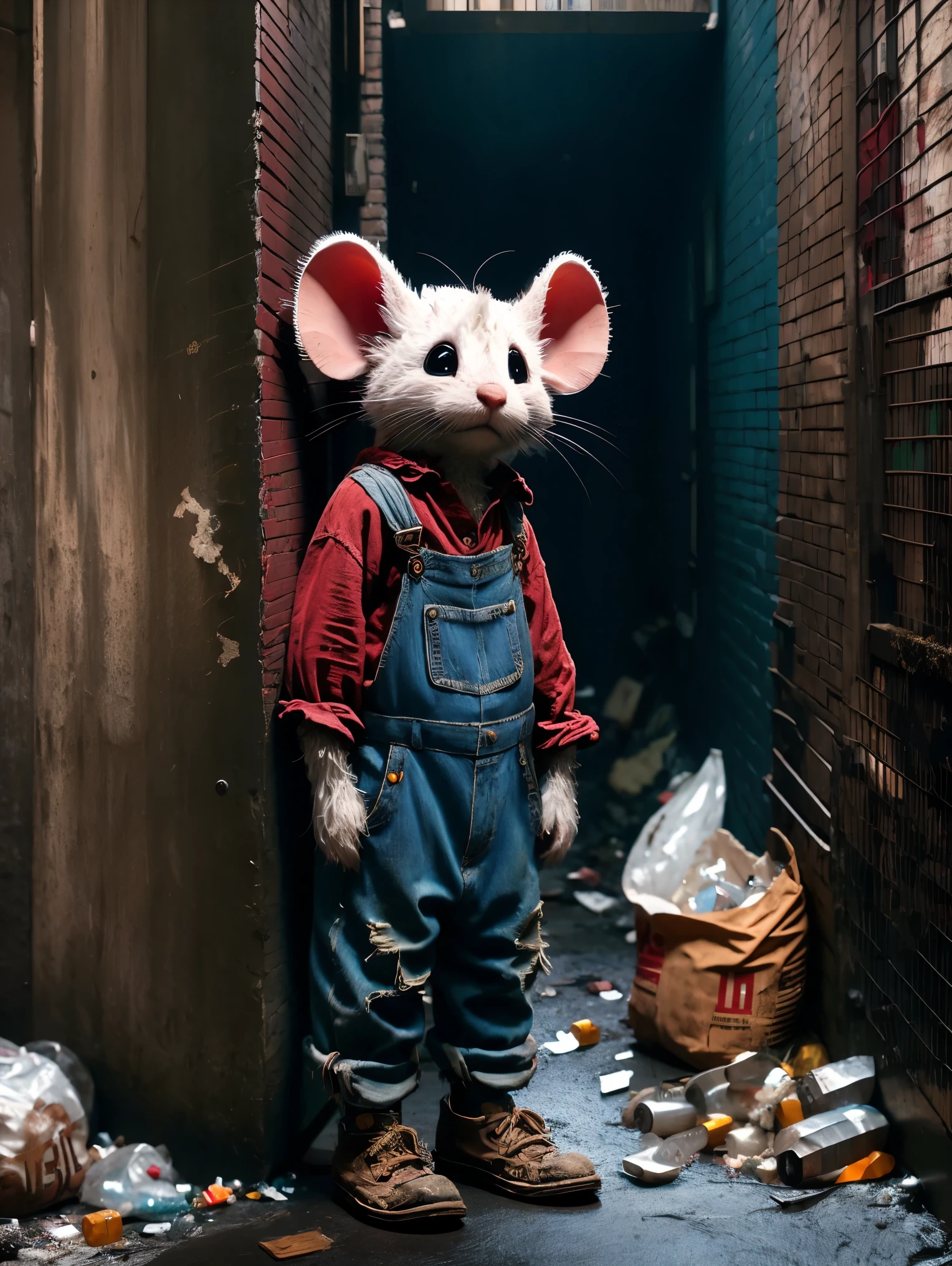 A very pitiful anthropomorphic little mouse image, Wearing a very worn grey linen shirt and denim overalls, Worn-out cloth shoes, Carrying an oversized bag, Higher than oneself, Little mouse standing in the city alley, A dark corner of the city, The ground is littered with trash and bottles, This scene retains the original style, But change the background to an urban environment, Reinforce the contrast between the innocence of the characters and the harshness of their urban surroundings, Highlighting the poor conditions of neglected cities, (chiaroscuro, depth of field, film grain, Surrealism, Conceptual art, UHD, masterpiece, accurate, anatomically correct, super detail, award winning, 8k)