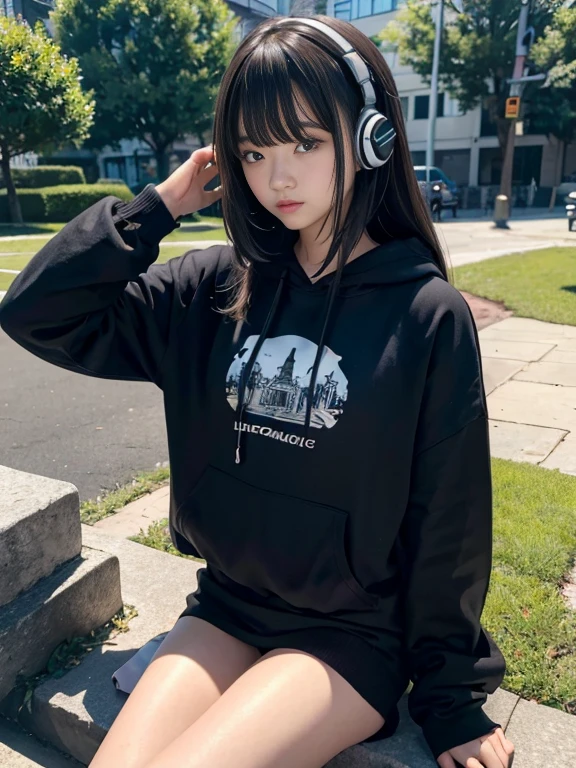 ​masterpiece、ultra-detailliert、8K、((Awesome))、longhair with bangs、wearing hoodies、topless , a mil、please wear black headphones、sitting on、a park