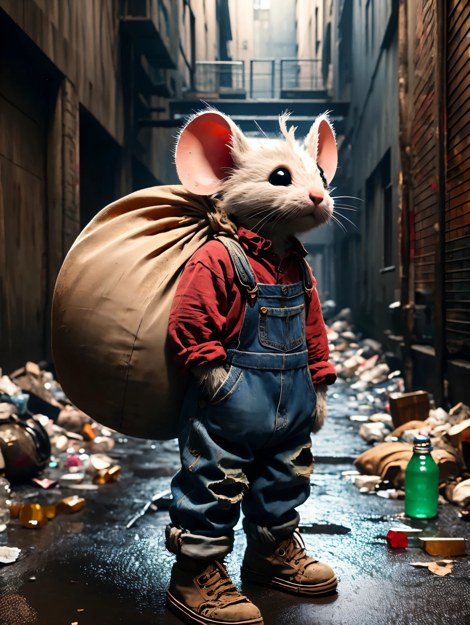 A very pitiful anthropomorphic little mouse image, Wearing a very worn grey linen shirt and denim overalls, Worn-out cloth shoes, Carrying an oversized bag, Higher than oneself, Little mouse standing in the city alley, A dark corner of the city, The ground is littered with trash and bottles, This scene retains the original style, But change the background to an urban environment, Reinforce the contrast between the innocence of the characters and the harshness of their urban surroundings, Highlighting the poor conditions of neglected cities, (chiaroscuro, depth of field, film grain, Surrealism, Conceptual art, UHD, masterpiece, accurate, anatomically correct, super detail, award winning, 8k)