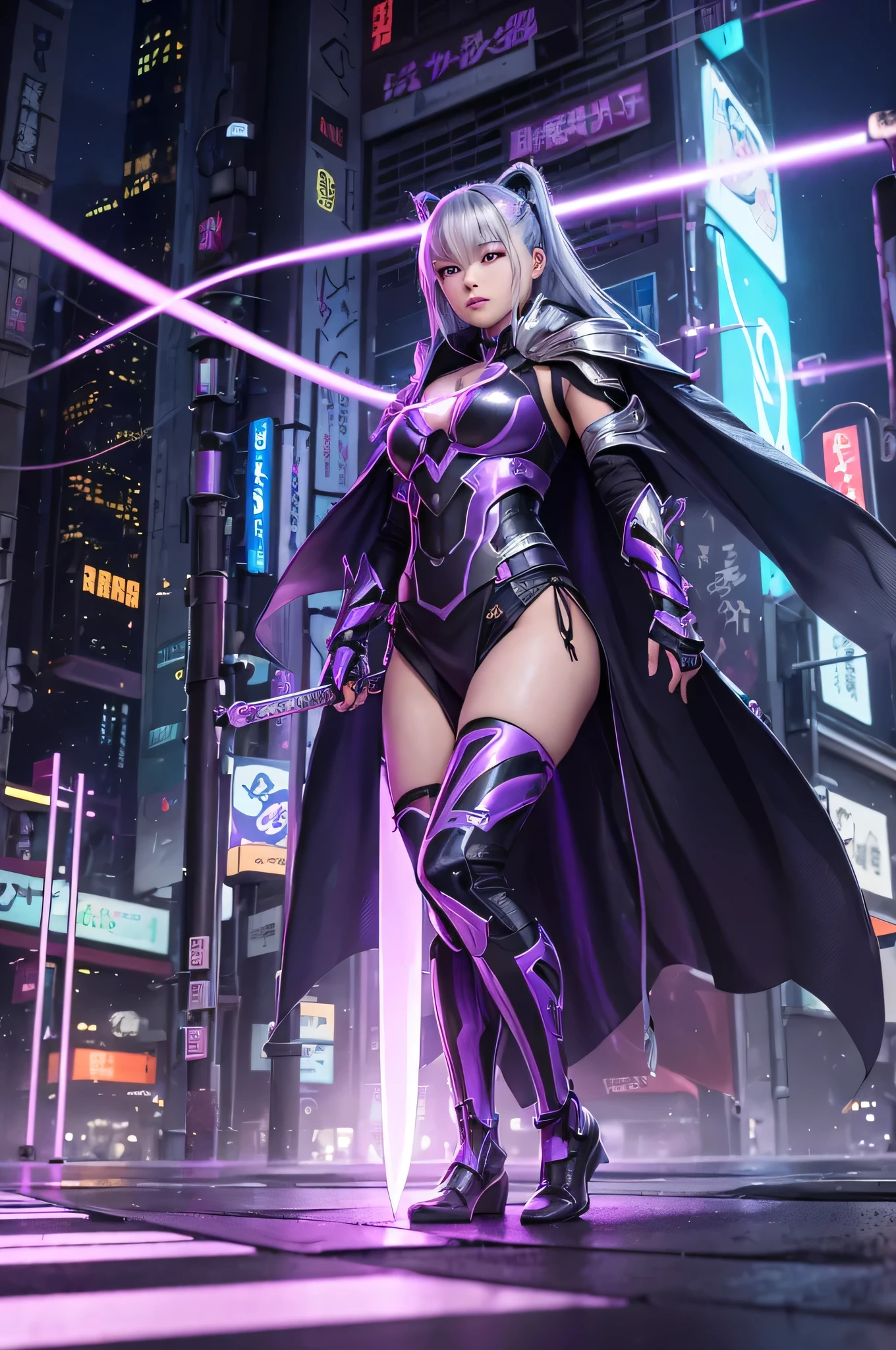 In a futuristic cyberpunk setting、Please draw an illustration of a beautiful Japanese warrior girl in a narrow alley in a neon-lit city.。In the foreground、A female warrior with silver hair and clear eyes is sitting on the ground.。She wears a hooded cloak、Wears intricately designed armor that glows purple。Big and scary、Holding a sword with a serrated blade、The sword emits a pale purple light.。In the background、Skyscrapers with holographic advertisements、Overhead cables、And the lighting is a mix of neon colors.。The whole atmosphere is dark、And yet it is vivid、Reflection on wet ground、Give your urban environment a sense of depth and complexity。