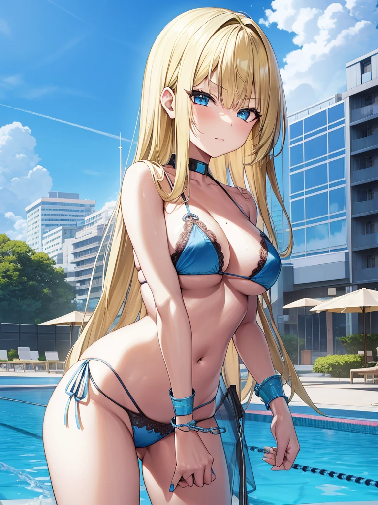 masutepiece, Detailed, Best Quality, Beautiful Girl, very small lace translucent bikini, Shackles, stock, Troubled face, big pool (prison), blonde sexy girl 1girl in, blue archive character, blonde female, blue eyes, Blunt bangs, Big breasts, Amused expression, Looking at Viewer, big butt, mature body