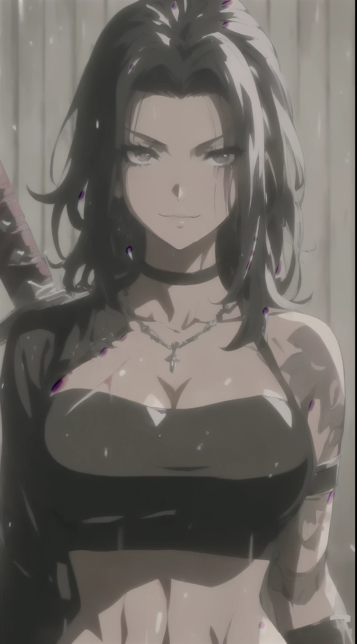 a woman with a knife in her hand standing in the rain, anime visual of a young woman, female anime character, holding a sword on her shoulder, a very beautiful berserker woman, in the anime film, today's featured anime still, style of madhouse anime, seductive anime girl, anime character, katanas strapped to her back, anime visual of a cute girl