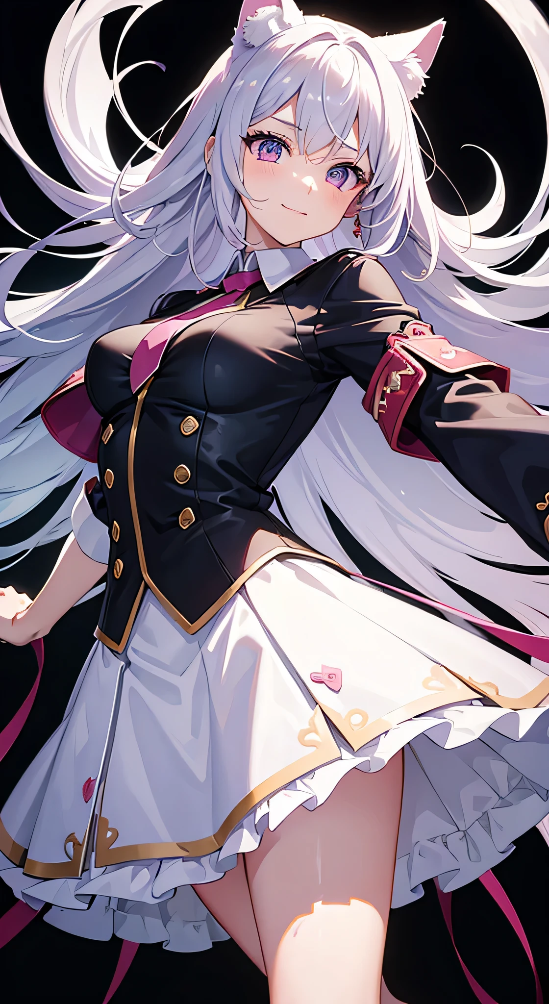 High resolution, (masterpiece: 1.4), Super detailed,High Quality、Silver Hair、Inner Pink、Cat ear、shirt、skirt、black tights、With hands outstretched、smile、Pink Eyes、Highlighted eyes、Delicate eyes