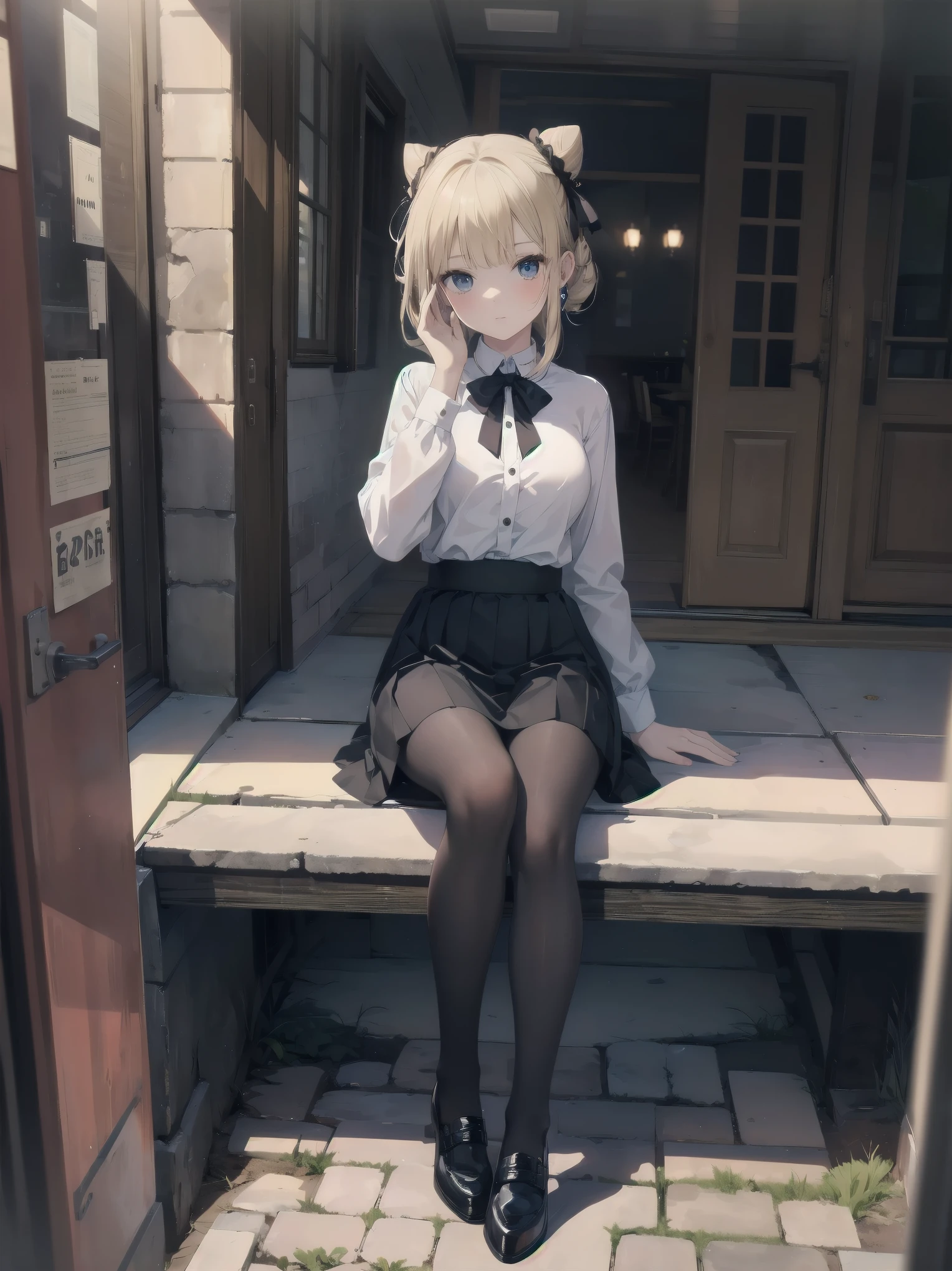 Masterpiece, high quality, high resolution, perfect face, realistic skin texture, young girl, alone, solo, lolita, chibi, marquise daughter, daughter fashion, feminine fashion, focused gaze, bangs, skirt, long sleeves, uniform, full body, black pantyhose, outdoor, shoes, seraphook, bangs, blurred, stylish skirt, Black pantyhose, hair in a bun, unusual nostalgic view of the world, fine cobblestones, distant background, artistic shading, best illustration of a beautiful woman, resting head, girl making a mocking gesture, movie scene, expressive actor