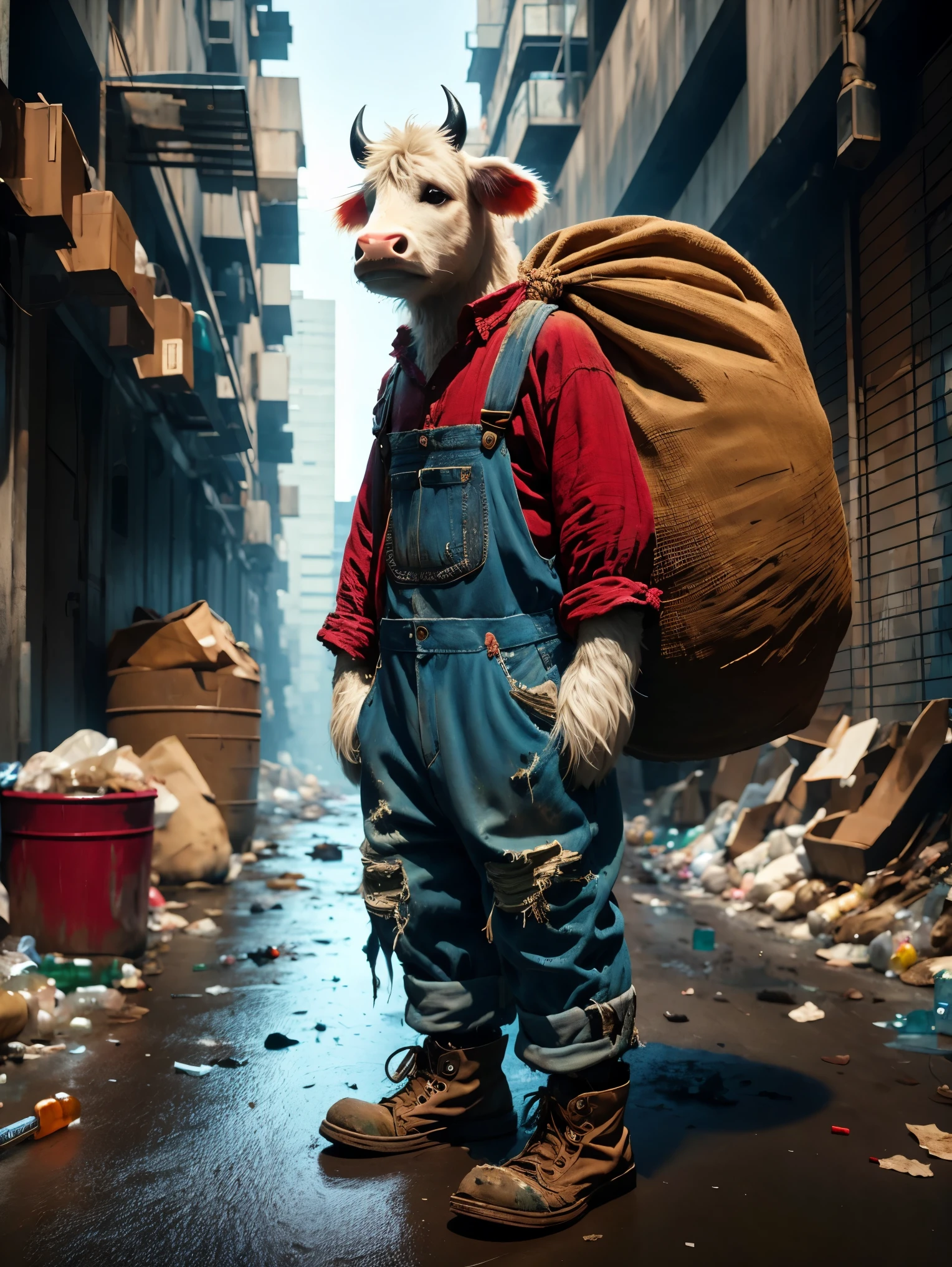 (personification:1.3)，(Very poor cow)，Wearing a ragged gray baseball jacket and overalls，Tattered cloth shoes，Dragging a bag taller than himself，Cow standing in the city street，The ground is full of garbage and bottles，Original painting style，But change the background to a city scene，Strengthens the contrast between the innocence of the characters and the harshness of the urban environment，Highlights the dire conditions in urban wasteland