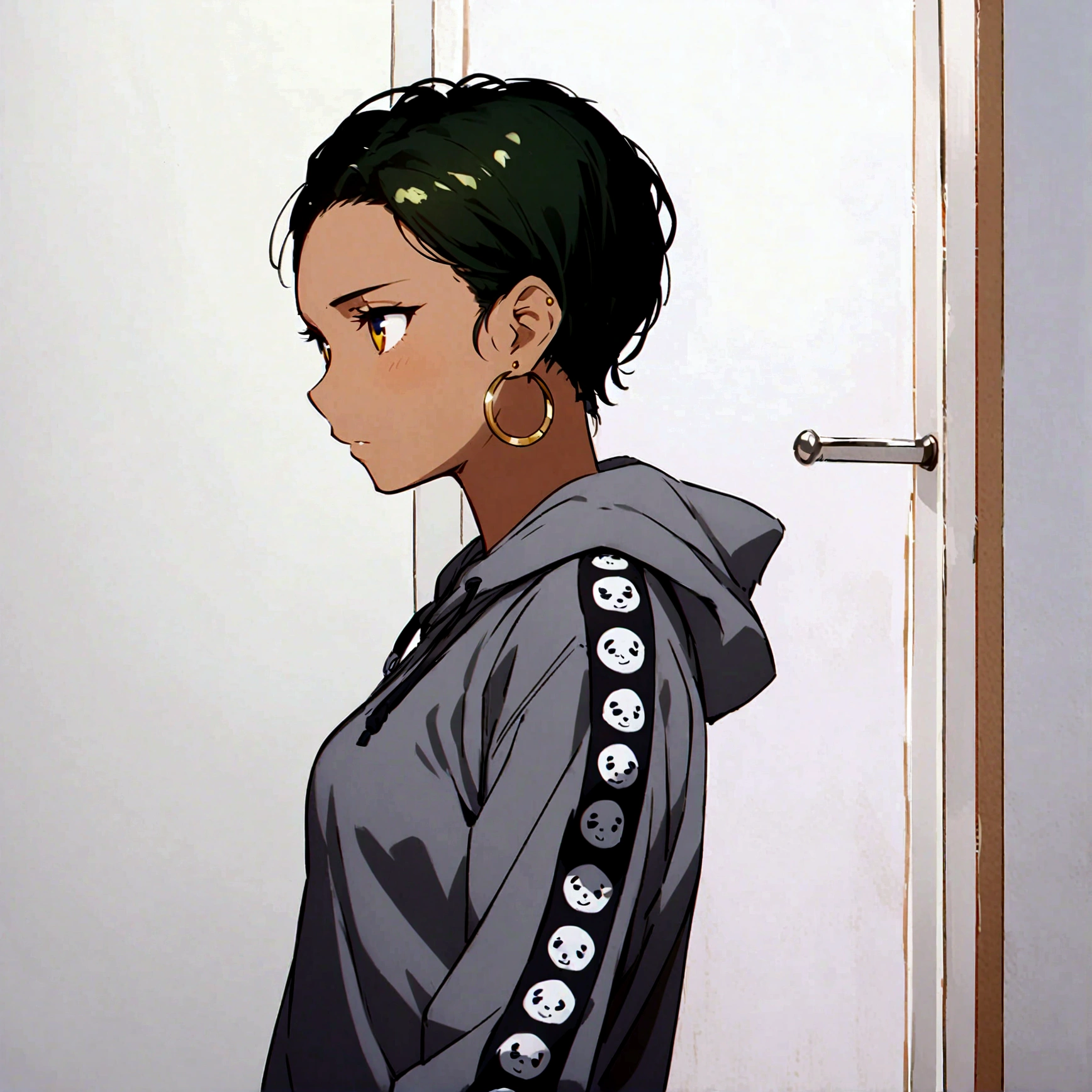 Beautiful. anime girl, short green hair, slightly curly hair, dark skin, yellow eyes, gray sweatshirt, hoop earrings, small breasts, upper body