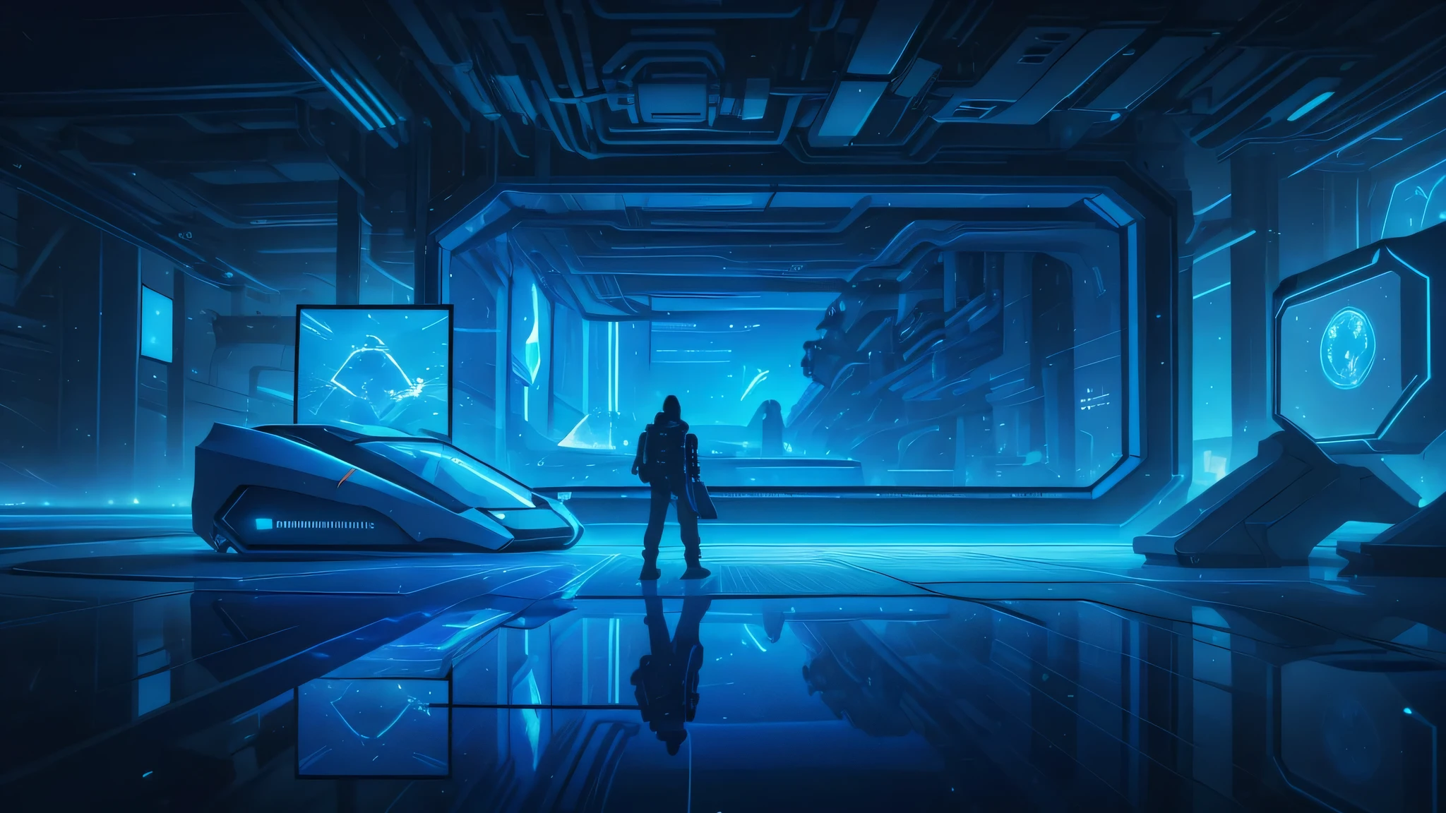 Blue Technology,Technological devices and holographic screens. . The medium of art is digital, Focus on capturing futuristic atmosphere and environment.