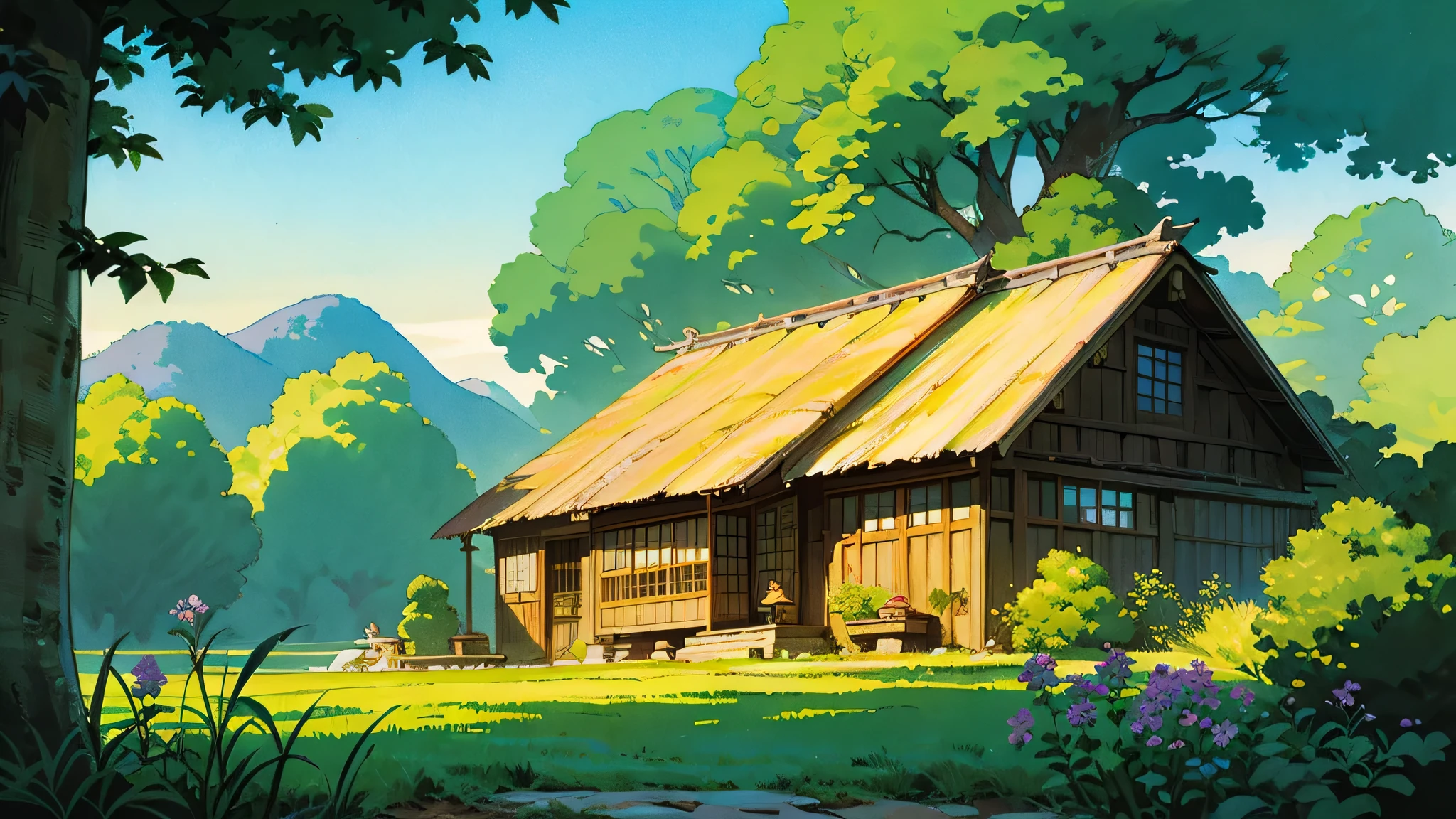 An exquisite anime-style drawing showcases a quaint traditional Japanese farmhouse from a distance, nestled amidst a lush, verdant landscape. The house, a single-story structure of authentic design, boasts a rustic charm, framed by a cascade of vibrant blooming flowers and lush greenery. The warm and gentle sunlight bathes the scene, casting a cozy and inviting glow over the entire setting, whilst the clear blue sky above serves to underscore the tranquil and serene natural environment. The background offers a gentle contrast, emphasizing the harmony between the farmhouse and the idyllic surrounding Nature.