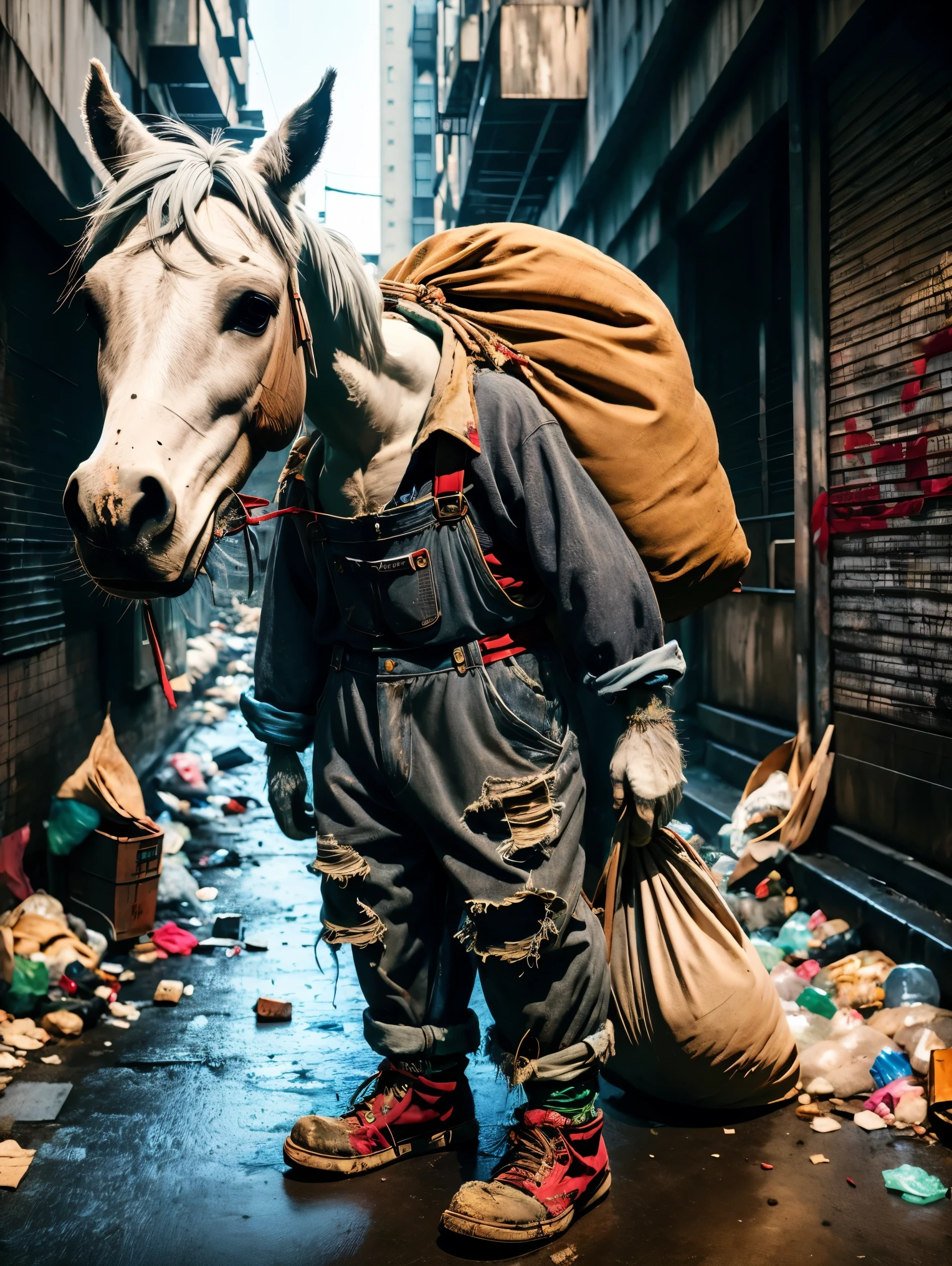 (personification:1.3)，(Very poor horse)，Dressed in rags(Gray baseball jacket:1.3)and(Overalls)，(Tattered cloth shoes)，Dragging a bag taller than himself，Horse standing in the city street，地上堆满了垃圾and瓶子，Original painting style，But change the background to a city scene，Strengthens the contrast between the innocence of the characters and the harshness of the urban environment，Highlights the dire conditions in urban wasteland