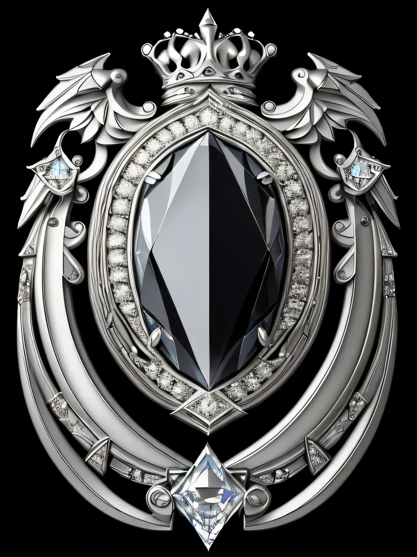 ((masterpiece、highest quality、Very detailed、Photorealistic、High resolution、Sharp focus))、((No humans))、Elaborate coat of arms、Smooth surface、Reflective surface、Silver、((Giant Diamond))、Dynamic Lighting、Scattered beneath the surface