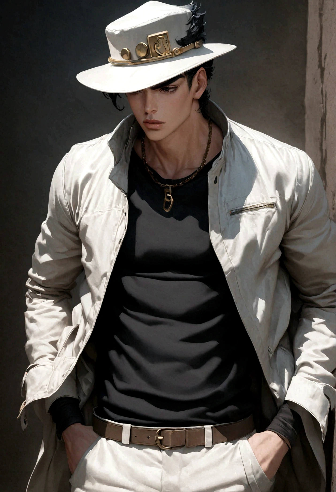 JOJO&#39;s Bizarre Adventure, Jotaro Kujo, Look away, hat covering eyes, Hands on the brim, Hands in pockets, permanent, background, Black Hair, Xuelan, chain, (masterpiece,best quality,ultra_detailed,highres,absurdres:1.2),(photorealistic:1.4),