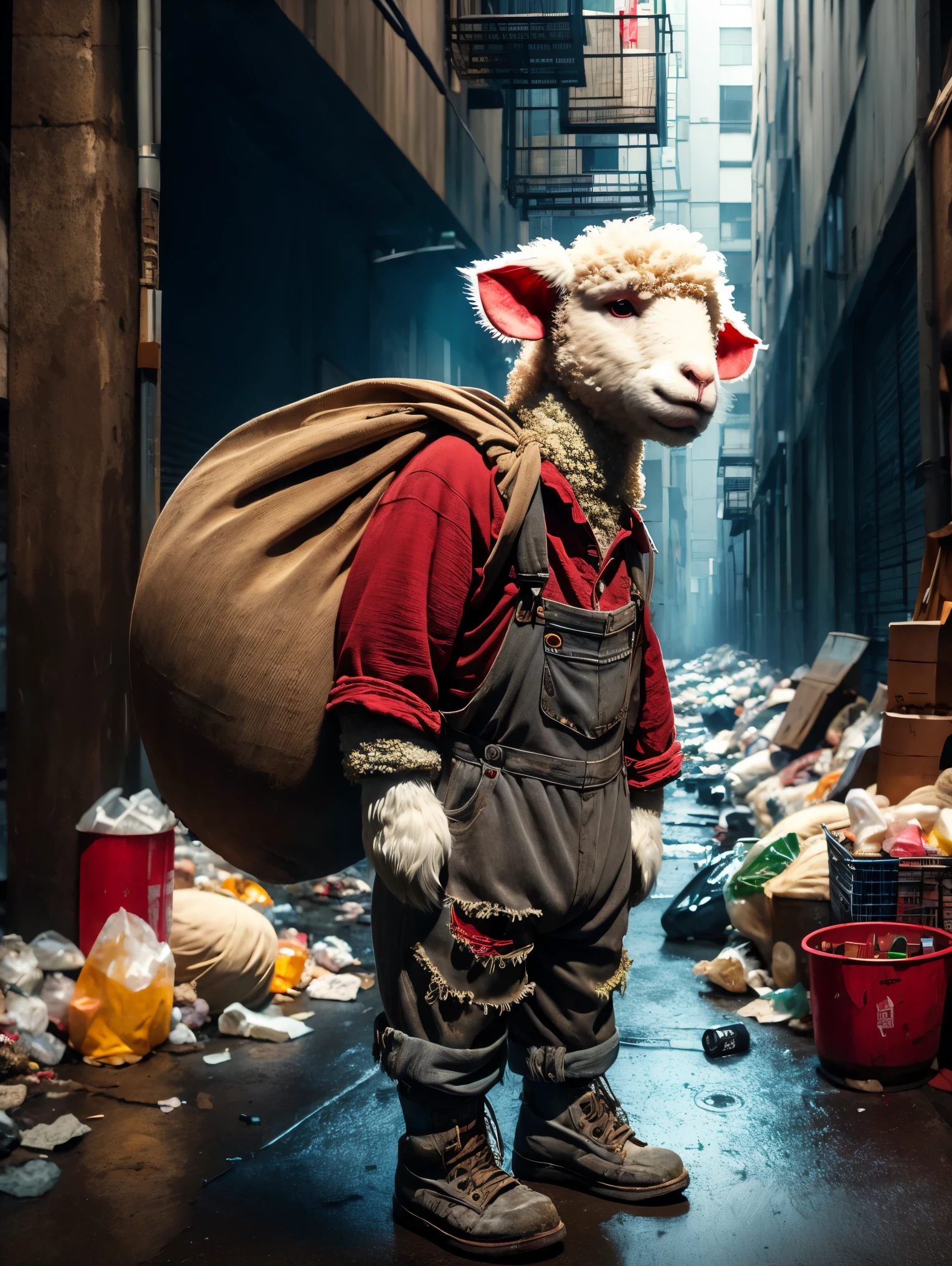 (personification:1.3)，(Very poor sheep)，Dressed in rags(Gray baseball jacket:1.3)and(Overalls)，(Tattered cloth shoes)，Dragging a bag taller than himself，Sheep standing in the city street，地上堆满了垃圾and瓶子，Original painting style，But change the background to a city scene，Strengthens the contrast between the innocence of the characters and the harshness of the urban environment，Highlights the dire conditions in urban wasteland