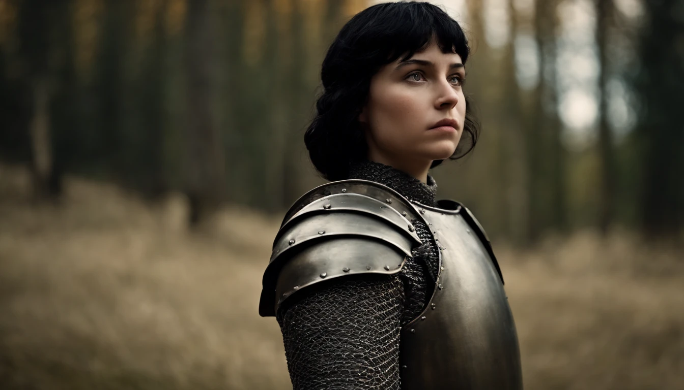 woman 15 years old, short black hair, medieval armor from the 14th century, Joan of Arc.