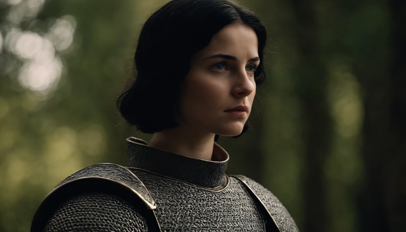woman 15 years old, short black hair, medieval armor from the 14th century, Joan of Arc.