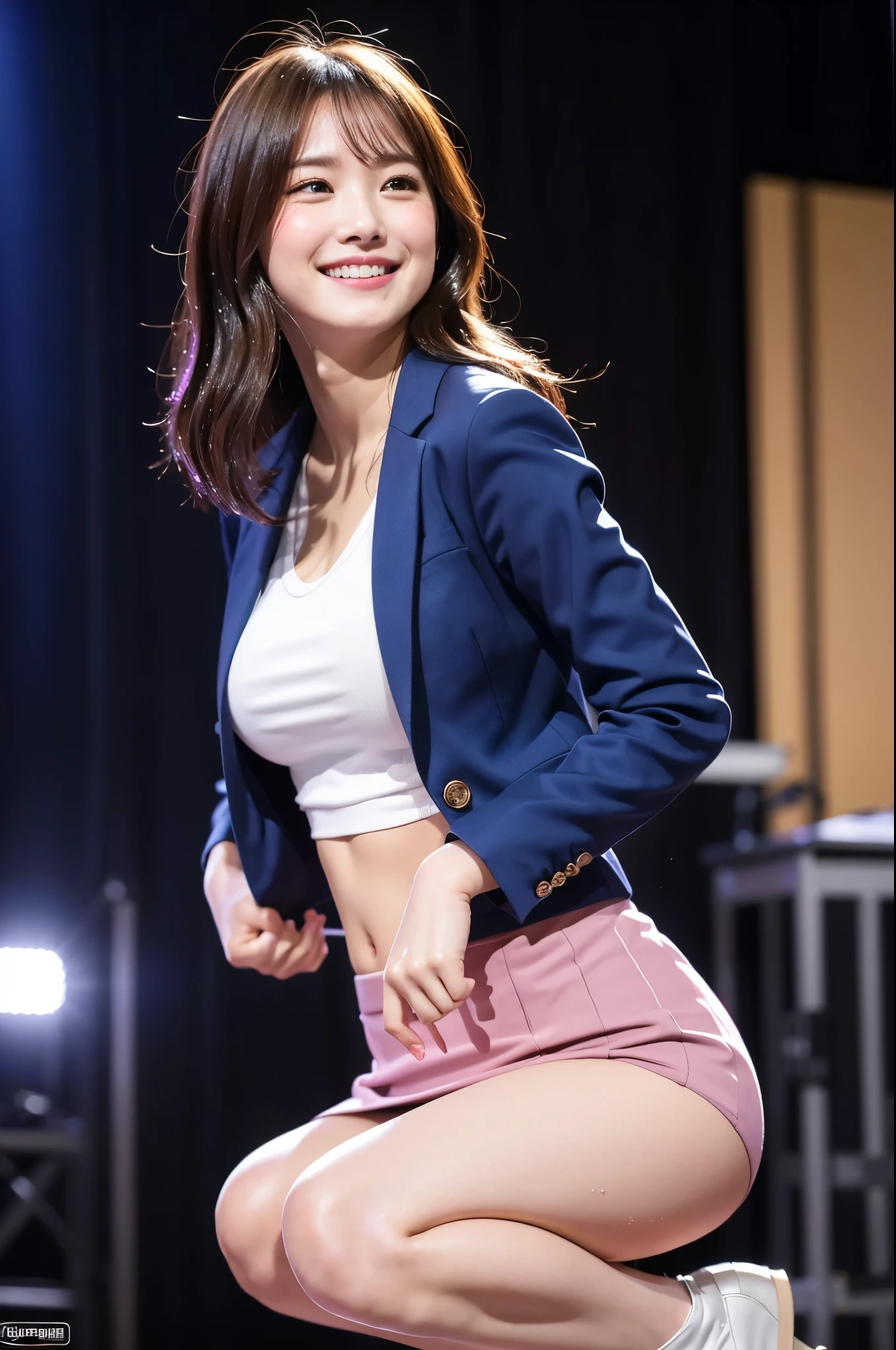 (8k), (highest quality: 1.2), (Realistic), (Realistic: 1.37), Ultra-high resolution, 1 girl, cute, (Embarrassed smile:1.2), (Blushing:1.4)Mouth closed, Beautiful details, Beautiful Nose, Wet Hair, Giant Dulcefo, pork, Thighs,Navel exposed,University Student Uniform,A simple blazer,Pleated skirt,Platform boots,Dancing on the school stage,(Shiny Thighs:1.2),Medium Shot,squat,From the side,