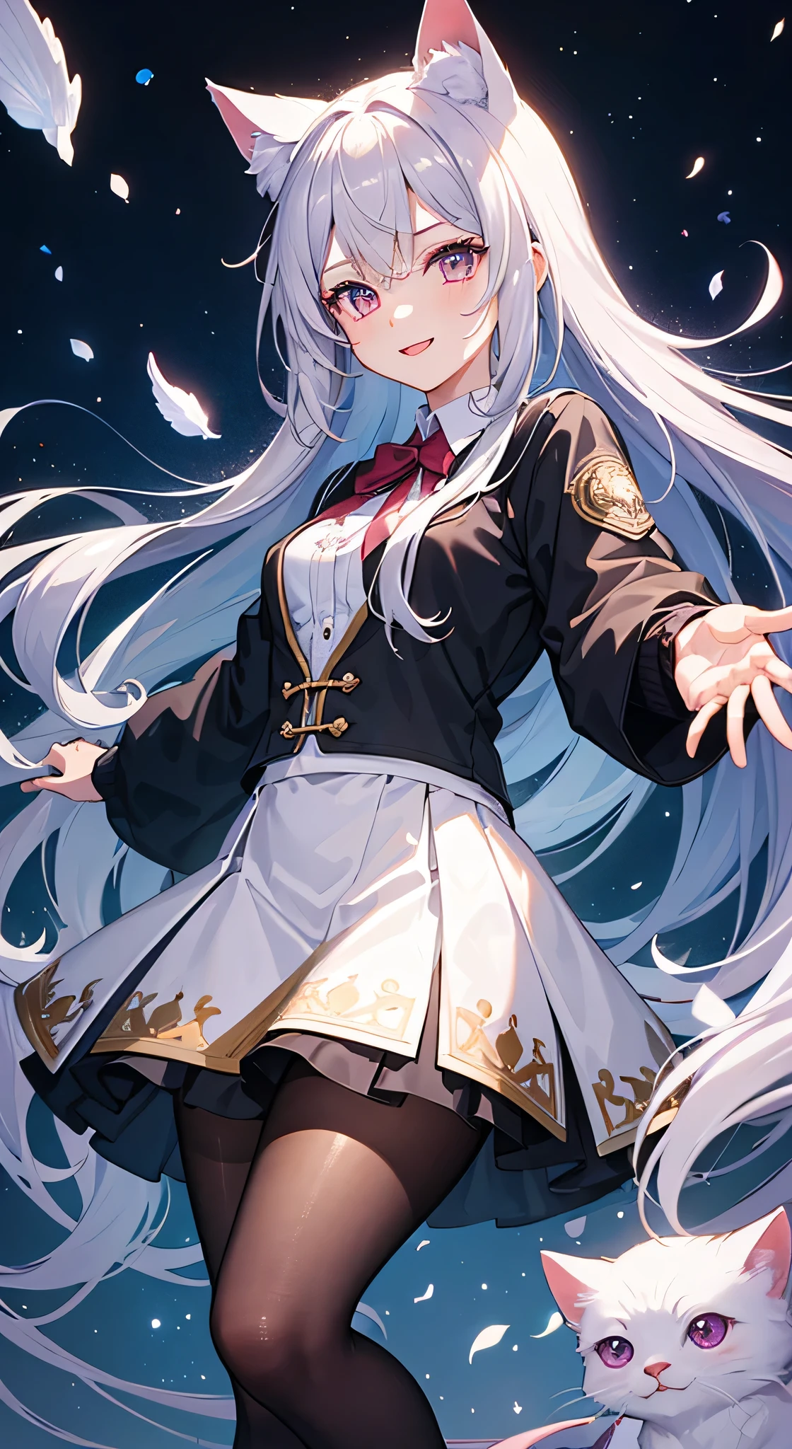 High resolution, (masterpiece: 1.4), Super detailed,High Quality、Silver Hair、Inner Pink、Cat ear、shirt、skirt、black tights、With hands outstretched、smile、Pink Eyes、Highlighted eyes、Delicate eyes