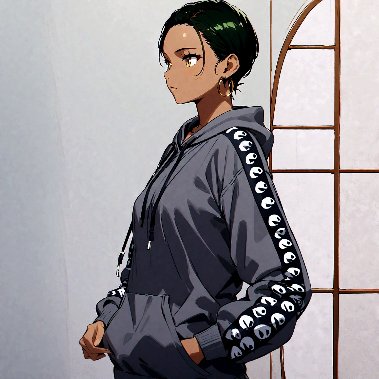 Beautiful. anime girl, short green hair, slightly curly hair, dark skin, yellow eyes, gray sweatshirt, hoop earrings, small breasts, upper body