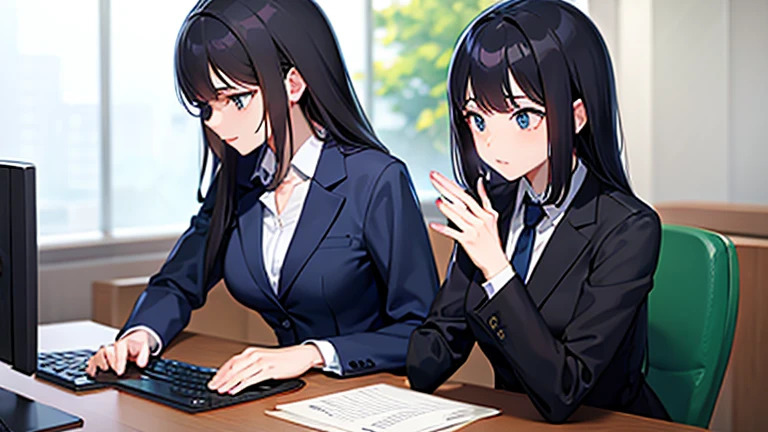 (Woman typing on a PC)、Company office、Anxious look、Woman in suit、Sitting in a chair