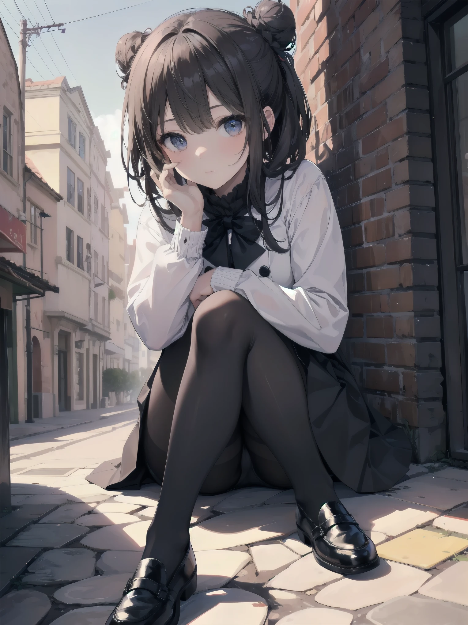 Anime girl sitting on the ground in front of a brick building - SeaArt AI