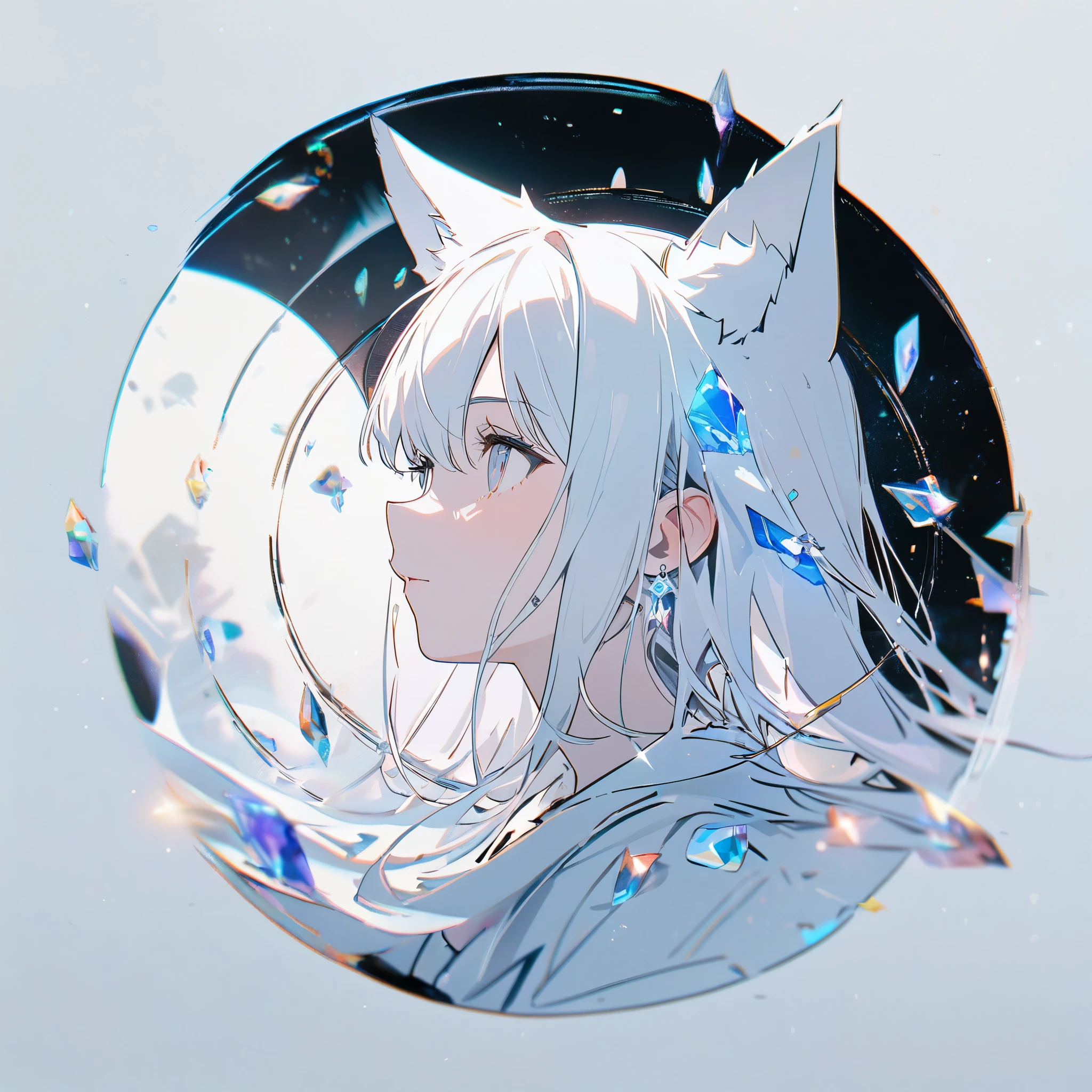 simple, symbol logo, facial profile, 8k, a white wolf ear girl, crystals floating in a circle