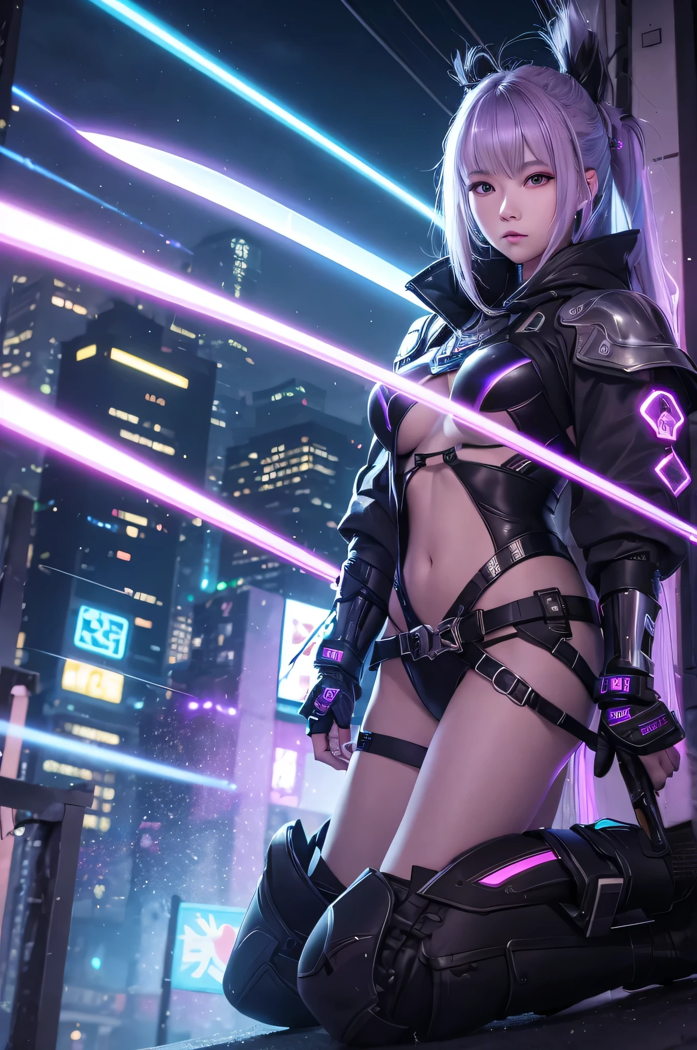 In a futuristic cyberpunk setting、Please draw an illustration of a beautiful Japanese warrior girl in a narrow alley in a neon-lit city.。In the foreground、A female warrior with silver hair and clear eyes is sitting on the ground.。She wears a hooded cloak、Wears intricately designed armor that glows purple。Big and scary、Holding a sword with a serrated blade、The sword emits a pale purple light.。In the background、Skyscrapers with holographic advertisements、Overhead cables、And the lighting is a mix of neon colors.。The whole atmosphere is dark、And yet it is vivid、Reflection on wet ground、Give your urban environment a sense of depth and complexity。
