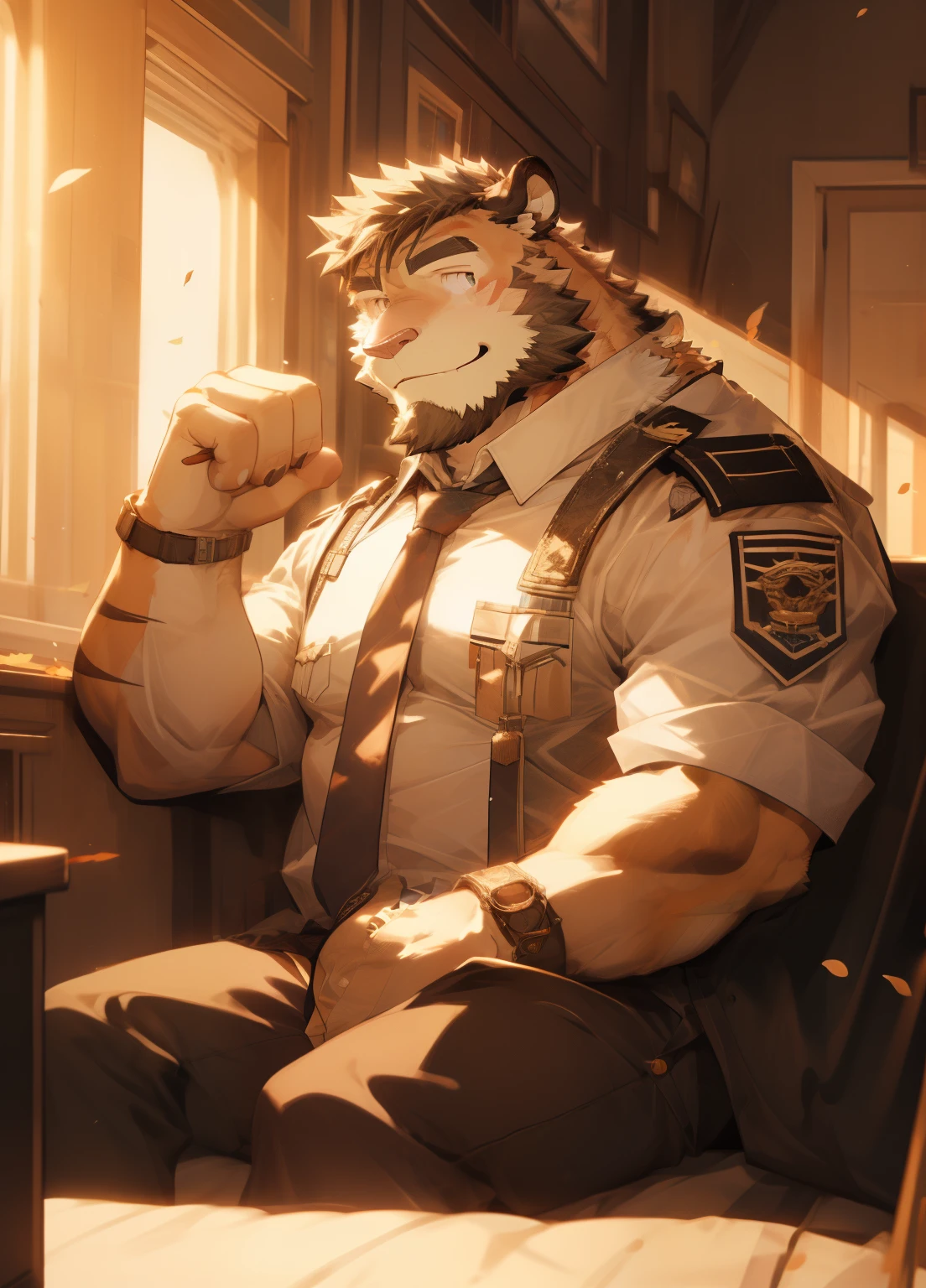 (masterpiece),(Very detailed),(best quality),hairy,Tiger Orc,Orange fur,With some blond hair,Golden pupils,,muscular,(military uniform:1.2),((black:1.3,tie:1.4)),(((unbutton your clothes))),(((Smile))),(Warm and cheerful:1.1),(In the bedroom,Fallen leaves drift in from the window),dusk,Sunset outside the window,Light shines in from the window,(Very detailed),8K,(super high quality),hairy的虎尾,