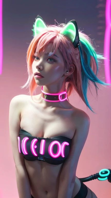 masterpiece, highest quality, Realistic, 4K, Bokeh, Awareness-raising, (1 perfect portrait of a girl), (A fascinating eye for perfect detail), Colorful Hair, (Gradient Hair), (Neon pink hair:1.6), (Cat ear:1.2), Slim and tall figure,Exposed thighs、Turn around、 Fantasy Background, {Exposed bare shoulders}, {Long-term alienation_sleeve}, {Lean forward slightly}, If you look up, hair ornaments, {shy} , tilt your head slightly, , Cinema Lighting, Revealing clothing, ((Seductive pose)), (neon pink background:1.6)、