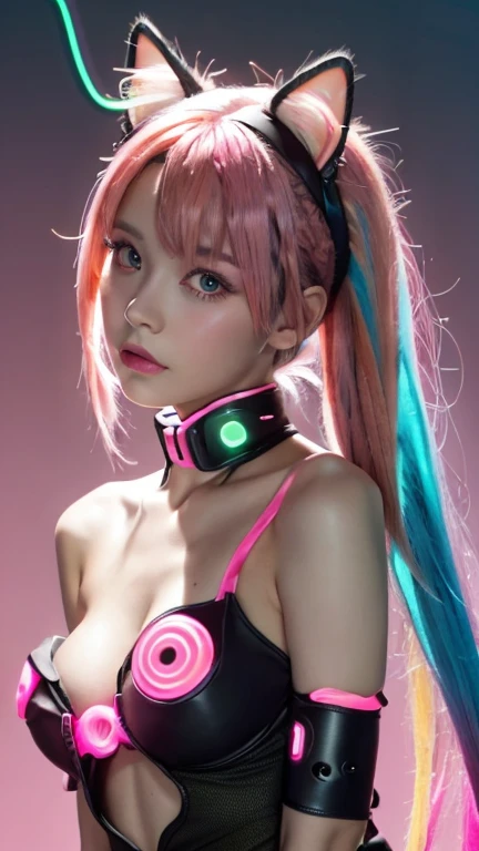 masterpiece, highest quality, Realistic, 4K, Bokeh, Awareness-raising, (1 perfect portrait of a girl), (A fascinating eye for perfect detail), Colorful Hair, (Gradient Hair), (Neon pink hair:1.6), (Cat ear:1.2), Slim and tall figure,Exposed thighs、Turn around、 Fantasy Background, {Exposed bare shoulders}, {Long-term alienation_sleeve}, {Lean forward slightly}, If you look up, hair ornaments, {shy} , tilt your head slightly, , Cinema Lighting, Revealing clothing, ((Seductive pose)), (neon pink background:1.6)、