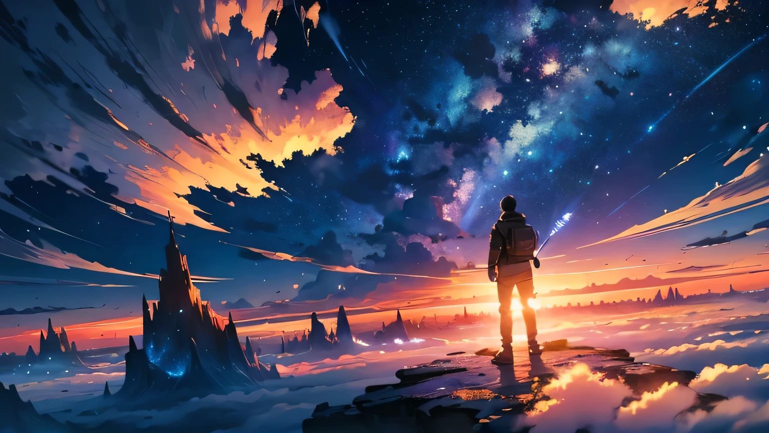 Ridiculous resolution, A high resolution, (Masterpiece:1.4), ultra - detailed, 1boy, looking from above, the space, huge portal,depth of fieldaximum definition and sharpness,perfectly proportions,Fluttering clouds,Wallpapers,8K,dream magical, , dusk --v 6