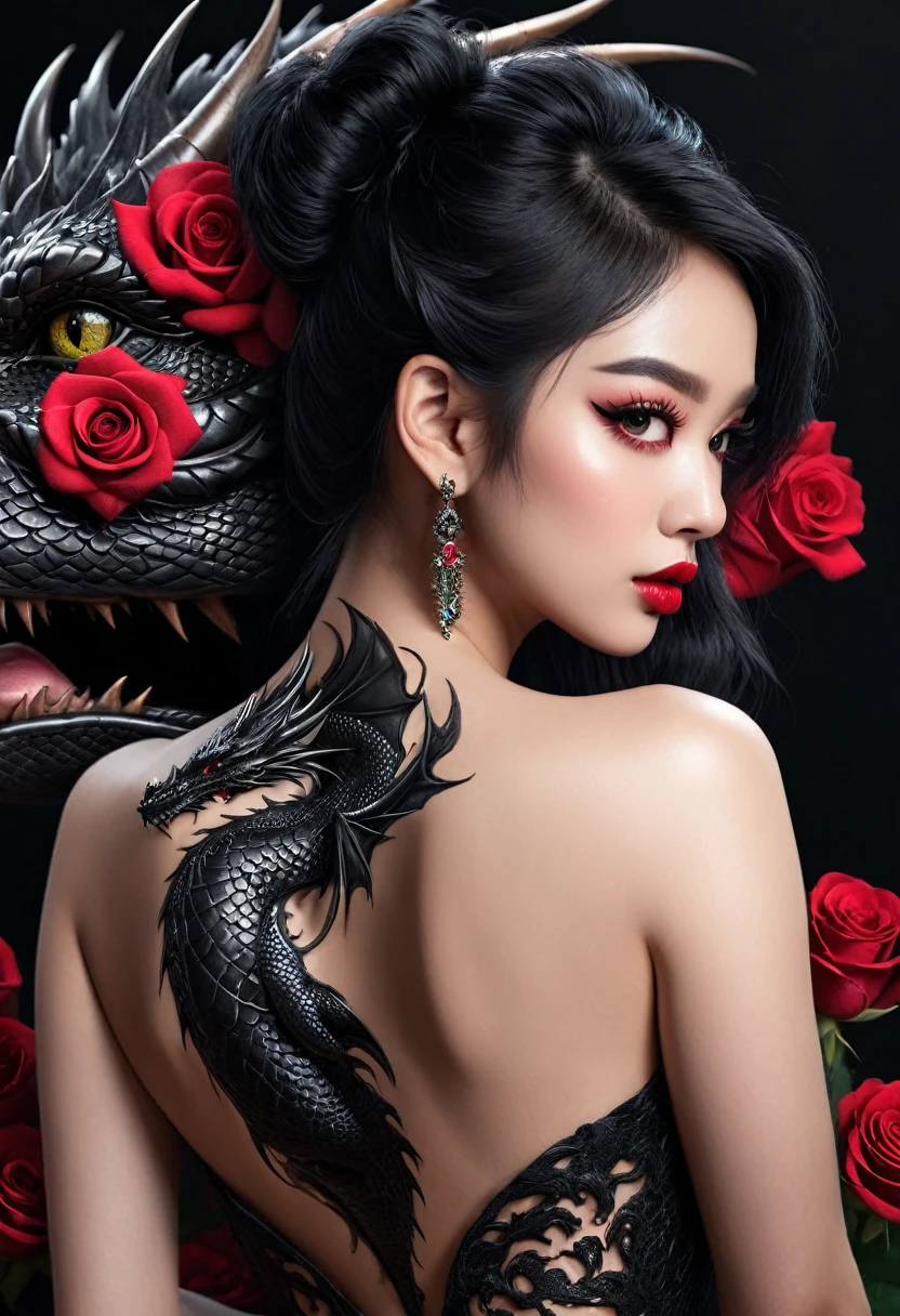 a beautiful woman's back with a black dragon tattoo with roses, hyper-realistic, detailed skin texture, masterpiece, 8k, beautiful detailed eyes, beautiful detailed lips, extremely detailed face, long eyelashes, realistic, photo-realistic, physically-based rendering, vivid colors, dramatic lighting, intricate details, cinematic composition, gothic fashion, dramatic pose