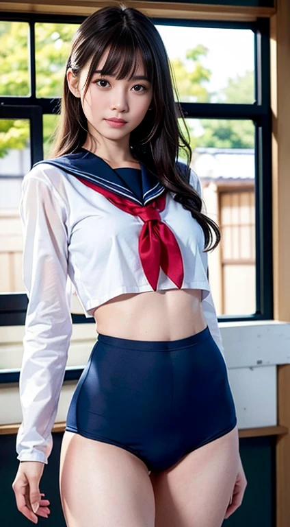 (masterpiece:1.3), (8k, Realistic, RAW Photos, Best image quality: 1.4), Japanese, (One Girl), Beautiful Face, (Lively Faces), Beautiful Hairstyles, Realistic eyes, Beautiful details in the eyes, (Realistic Skin), Beautiful skins, Charm, 超A high resolution, Ultra-realistic, Attention to detail, Golden Ratio, (Detail Makeup:1.2), View your viewers,Tabletop, highest quality, Very detailed, In detail, High resolution, Composition of the whole body、Boldly open your legs、Beautiful details, Fitness Wear, Natural color lip,Realistic、Realistic、alone、Realistic、highest quality、Very detailedな顔、Very detailedな目と顔、Beautiful and detailed、Absurd、Unbelievably absurd、Floating Hair、Brown Hair、Wavy Hairstyle、Medium Hair、(Extremely detailed CG、8K Image Wallpapers)、(Very delicate and beautiful)、(masterpiece)、(highest quality:1.0)、(超A high resolution:1.0)、Beautiful lighting、Perfect Lightning、Realistic Shadows、[High resolution]、Detailed skin、Very detailedな、Detailed face and eyes、Realistic eyes、Sharp pupils、Beautiful Face、Outdoor、Downtown Japan、Amidst the hustle and bustle、Blurred Background、Glowing Skin、Blunt bangs、Red Eye、(Sailor suit 1.2)、Sailor suits have long sleeves、Ultra HD Photos, 8K quality, School Area, Systemic composition, Looking into the camera, Japanese women, 20-year-old, Perfect beauty, Texture with visible pores, Perfect Face, Transparent muscle, Transparent muscle, Beautiful and toned body, Muscular, thin, Small breasts, Tight ass and small breasts、Small Ass、 Bloomers (Bloomers in Japan School, Seamless Design, Monochromatic Bloomers, Bloomers are dark blue, Exactly、Bloomers are elastic fabrics、Bloomers length from navel３ｃｍThe following degrees::, )、Commuting rush hour、smile、