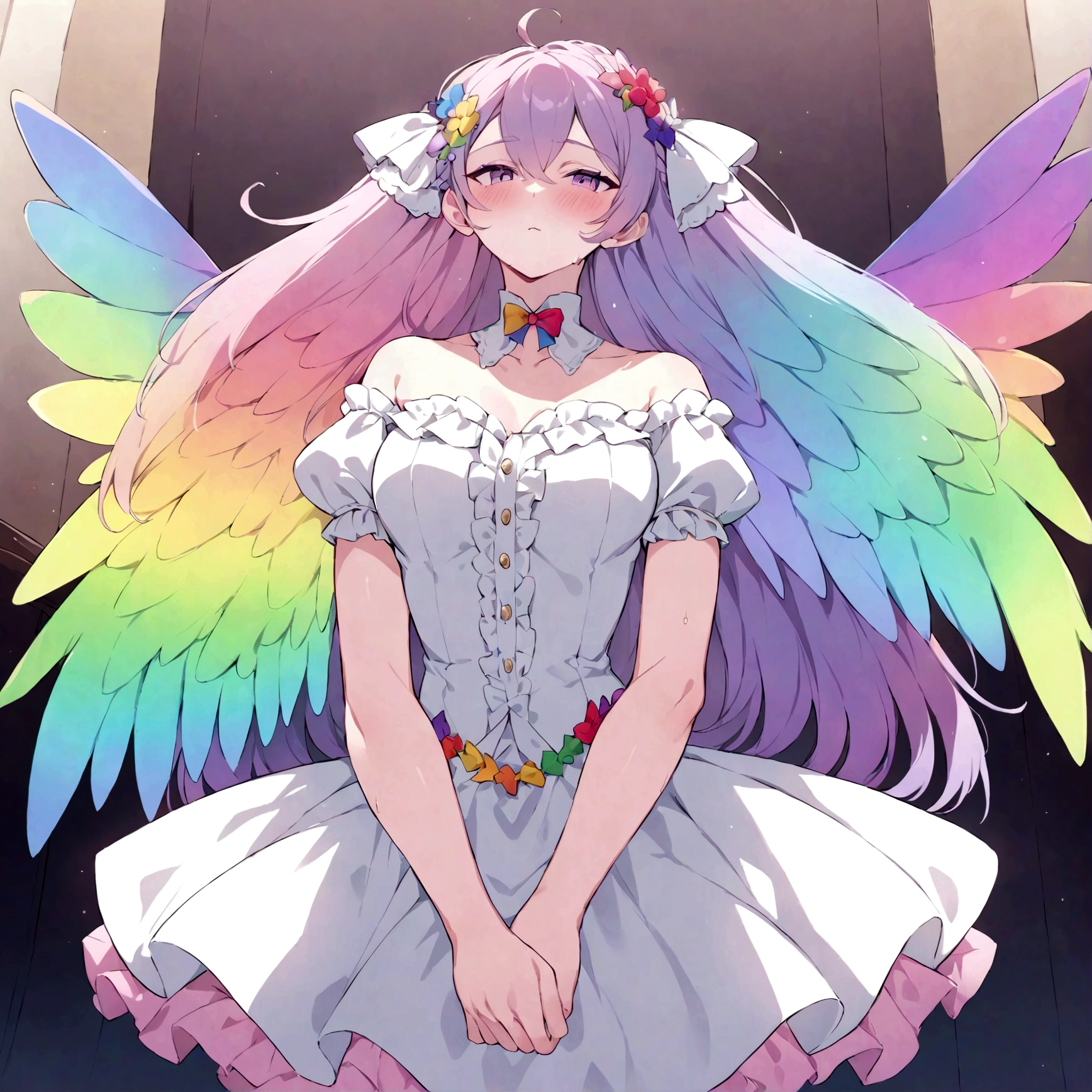 a sexually ambiguous person, pride, has rainbow wings, dressing fancy