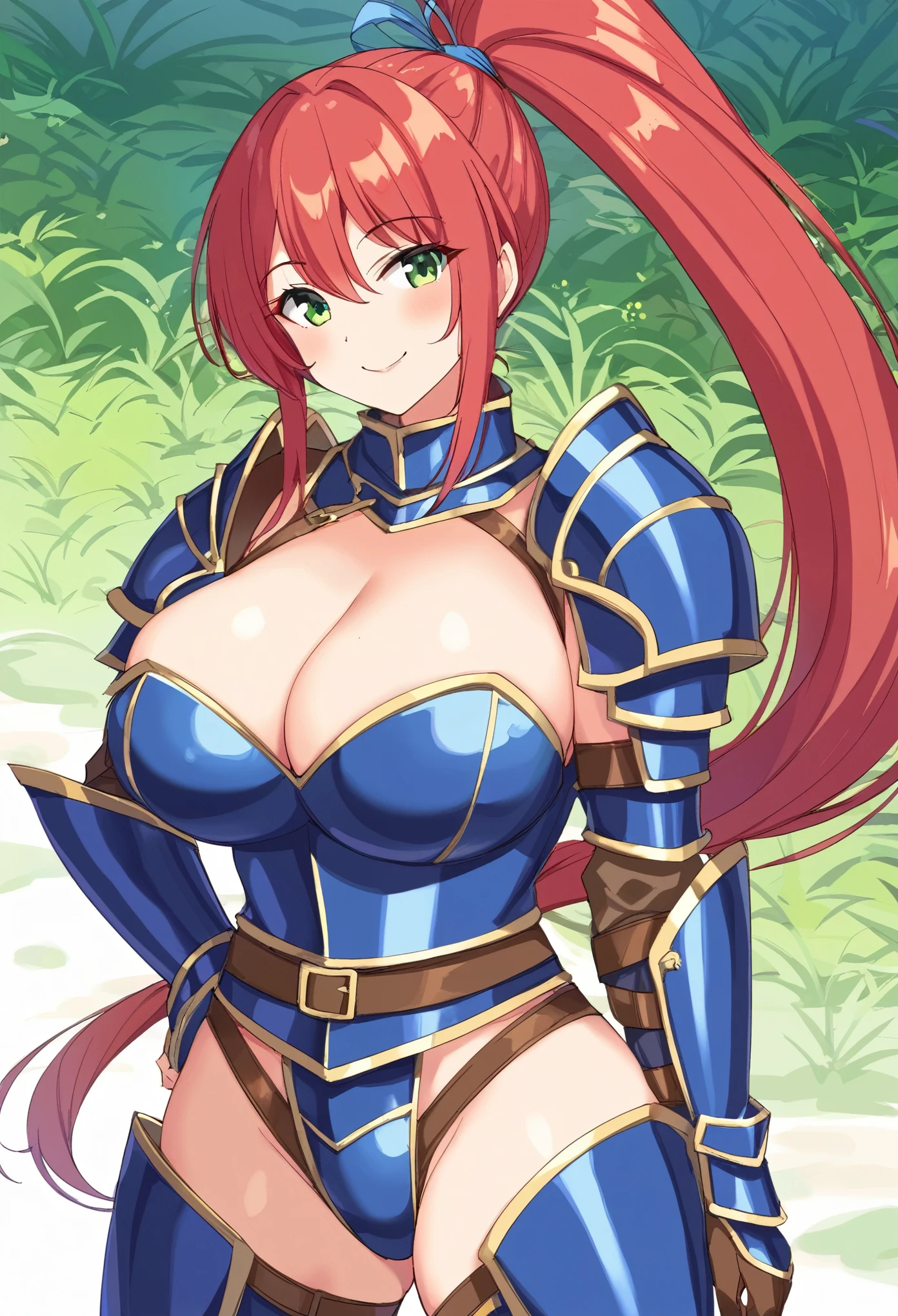 solo,Red hair、（（long　ponytail：1.8））,（blue　armor）、(blue　knight armor) ,cleavage、big breasts、green eyes、(seductive smile),grassland、dirt road、
walk while talking